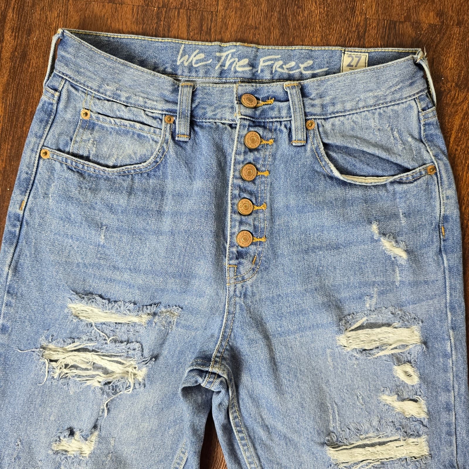 We The Free Button Fly Destroyed Raw Hem Light Wash High Rise Straight Leg Jeans - Thumbnail 2