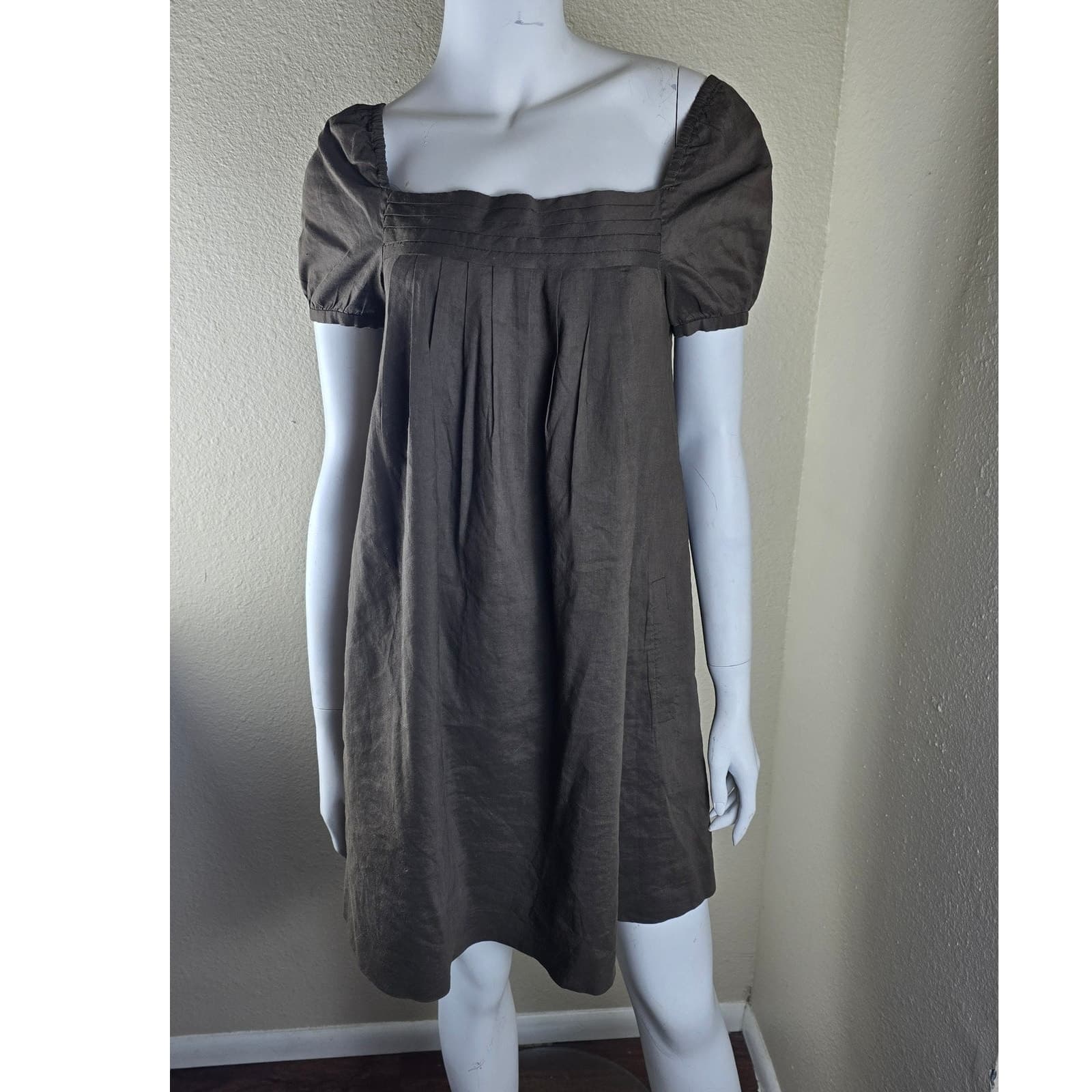 Theory Y2K Brown Linen Blend Babydoll Dress Puff Sleeve Size 2 - Image 1