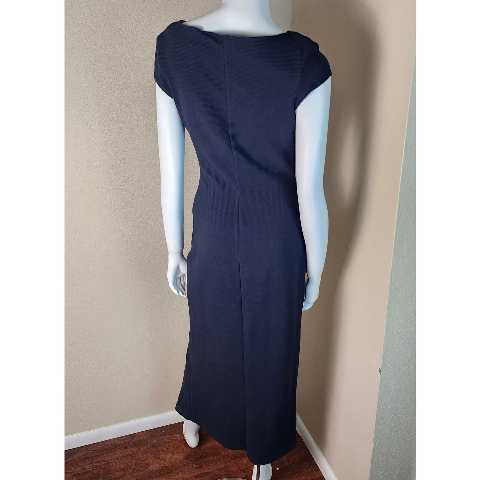 Vintage Matter of Degrees Midi Length Cap Sleeve Ribbed Classic Black Dress, M - Thumbnail 4