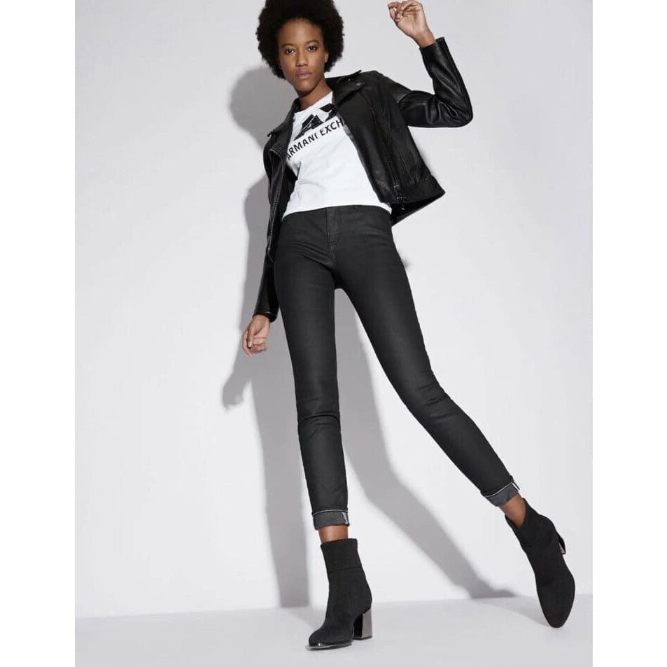 Armani Exchange J01 Mid-Rise Super Skinny Black Coated Jeans, Size 26 - Image 1