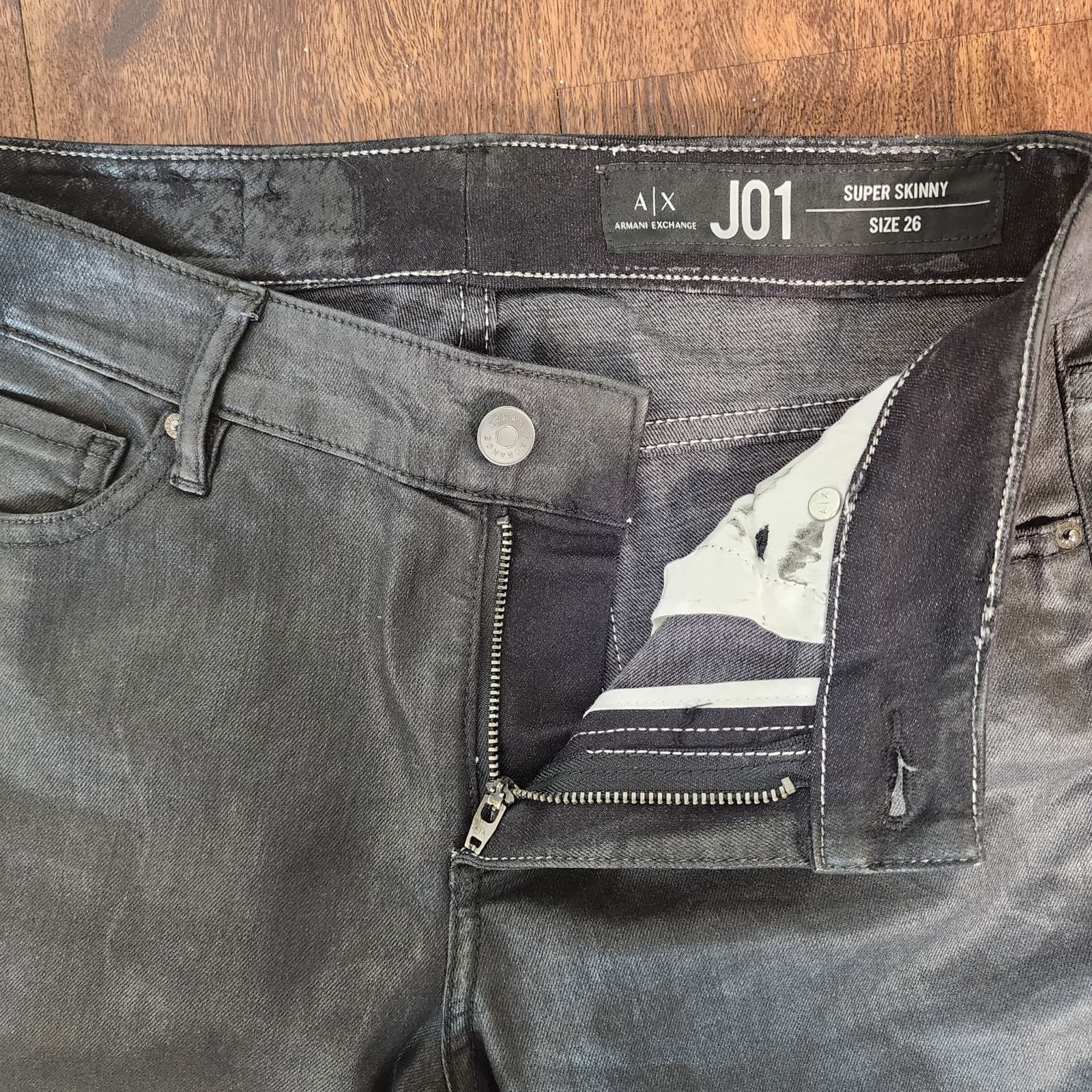 Armani Exchange J01 Mid-Rise Super Skinny Black Coated Jeans, Size 26 - Thumbnail 5