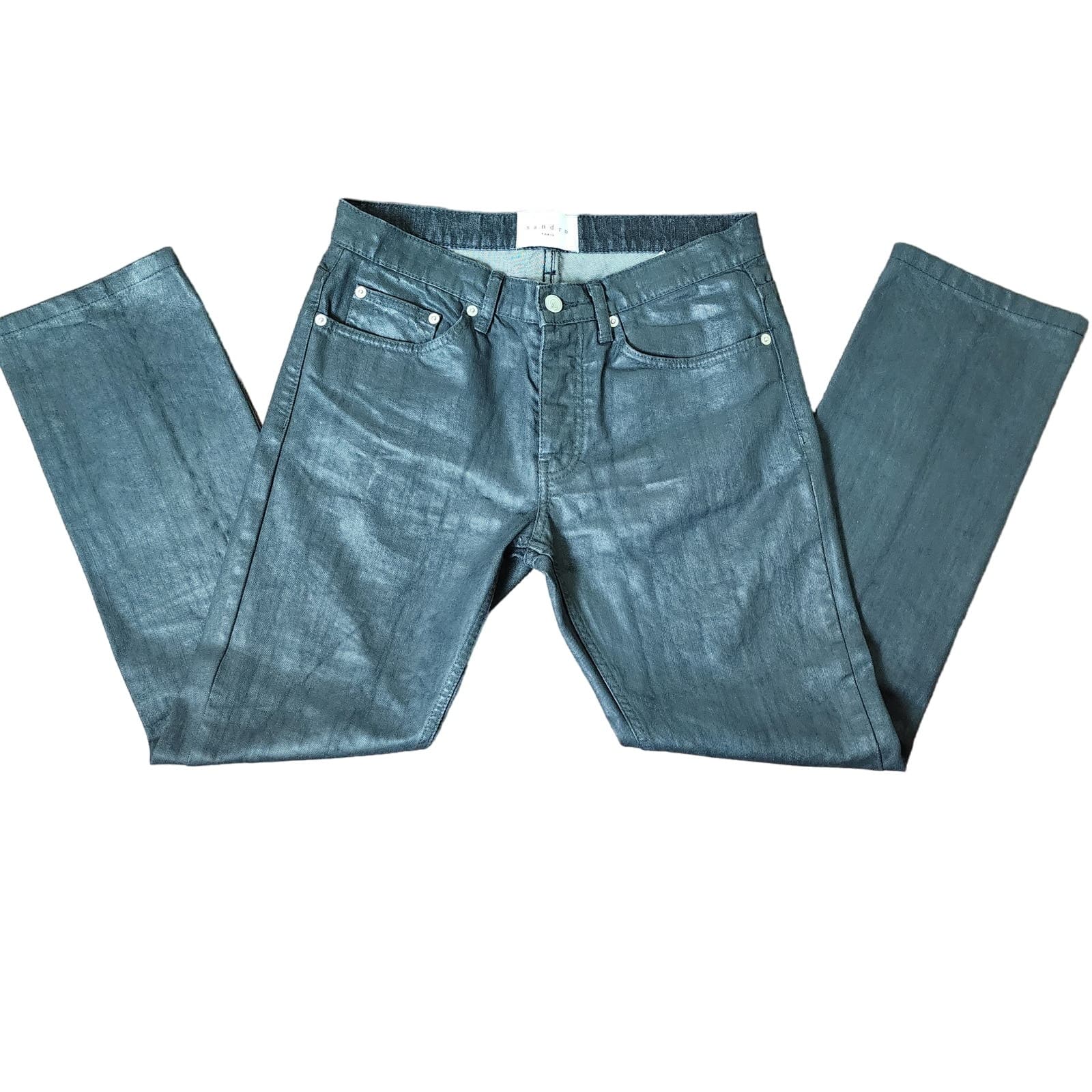 Sandro Paris Men's Droit Black Coated Slim Straight Leg Jeans Button Fly 30x30 - Thumbnail 2