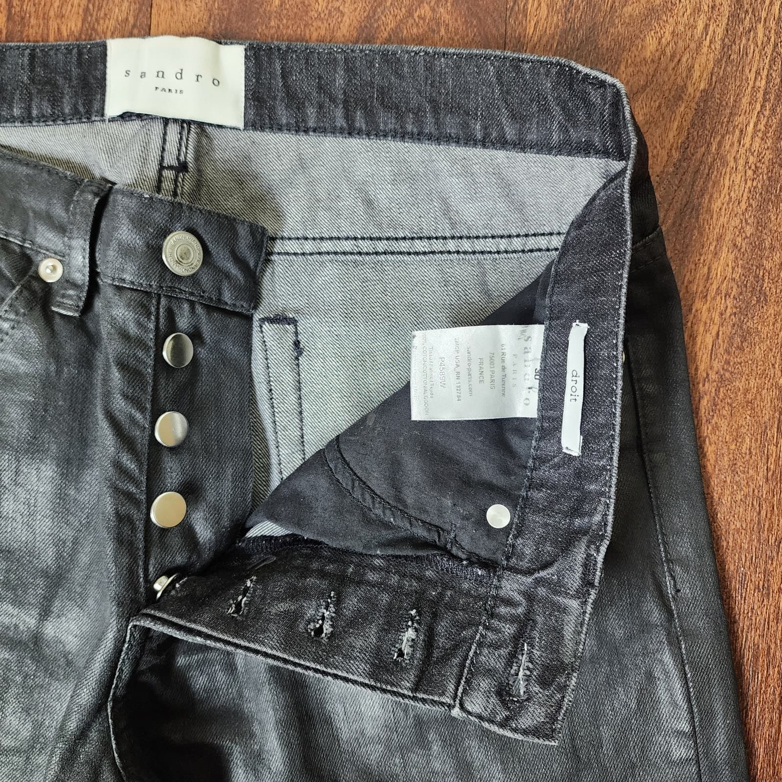 Sandro Paris Men's Droit Black Coated Slim Straight Leg Jeans Button Fly 30x30 - Thumbnail 6