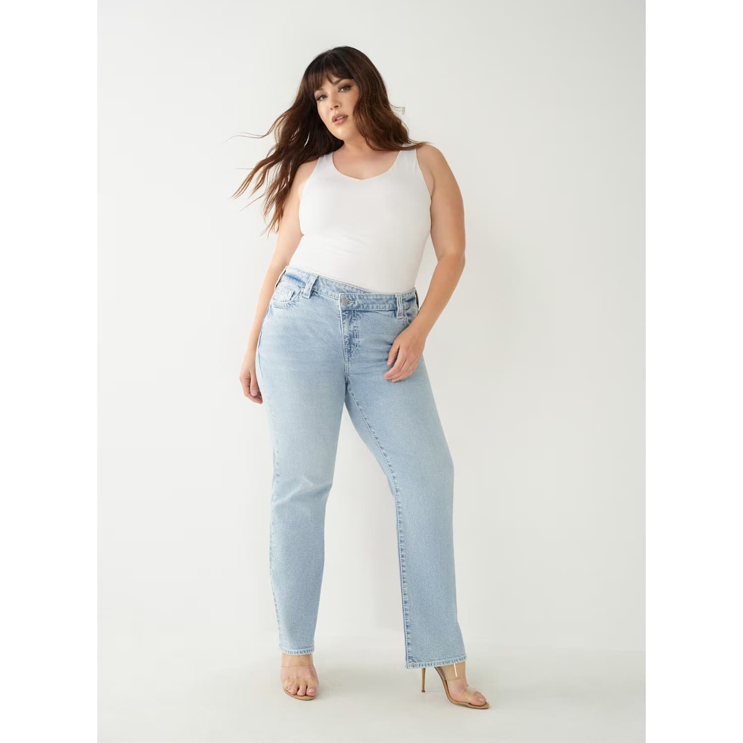 True Religion Ricki Relaxed Straight Leg Crossover Waistband Light Wash Jeans - Image 1