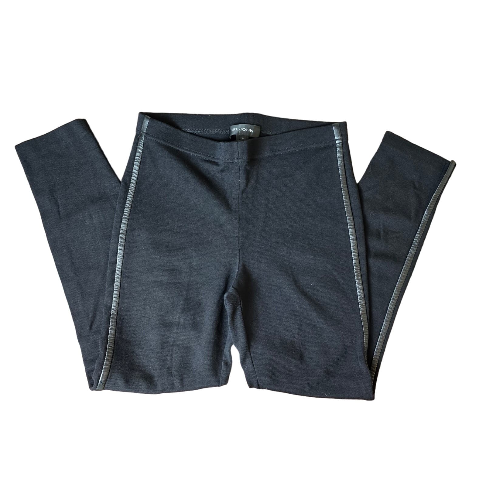 St. John Black Wool Blend Dress Pants with 100% Leather Strip Down Side, Size 8 - Image 1