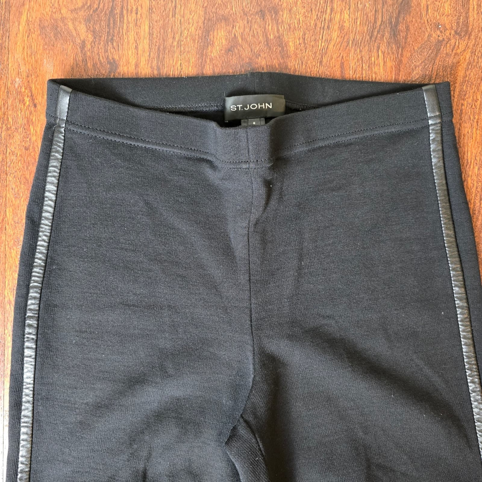 St. John Black Wool Blend Dress Pants with 100% Leather Strip Down Side, Size 8 - Thumbnail 5
