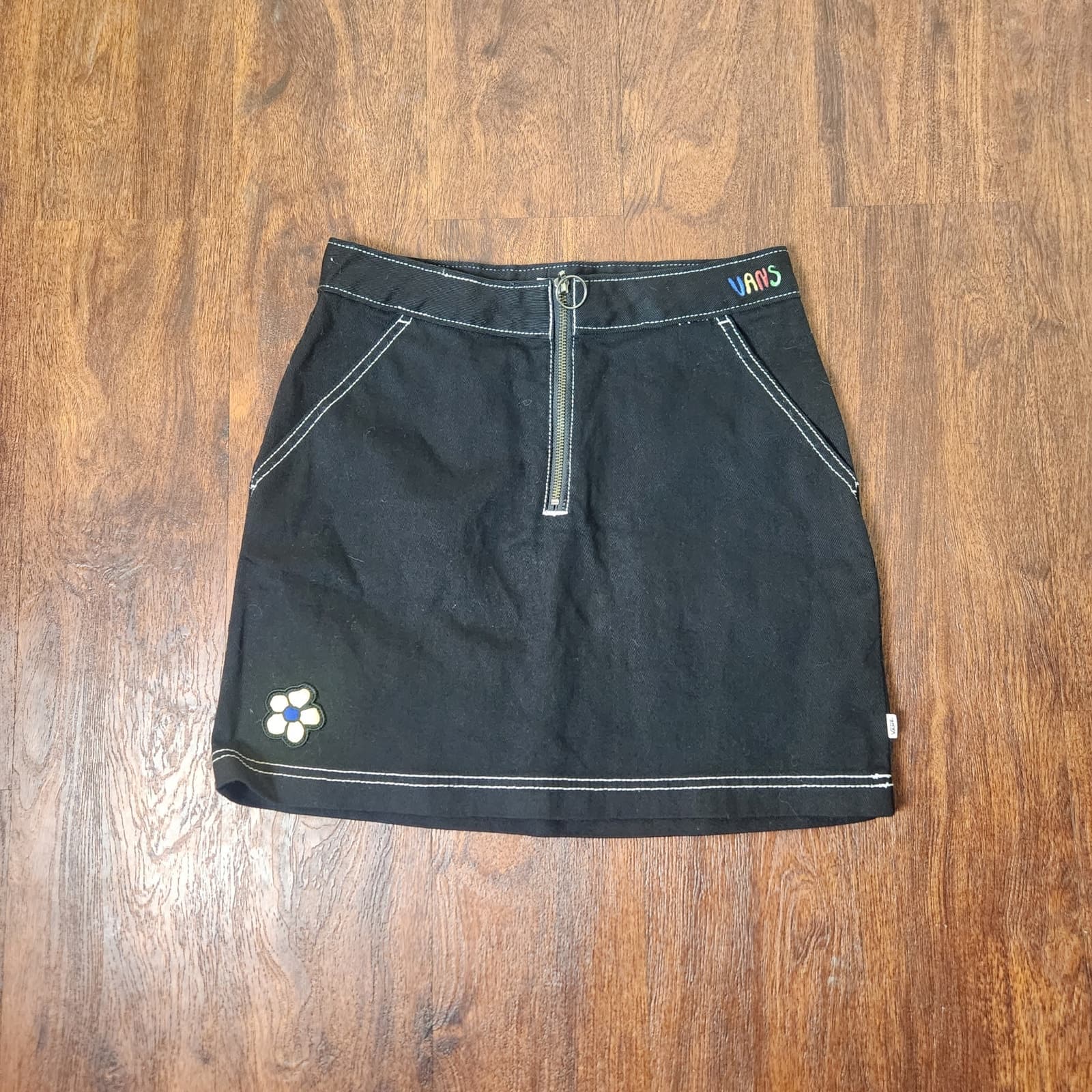 VANS Black Y2K Skirt with Contrast Stitching Patches Front Zipper, Small - Image 1