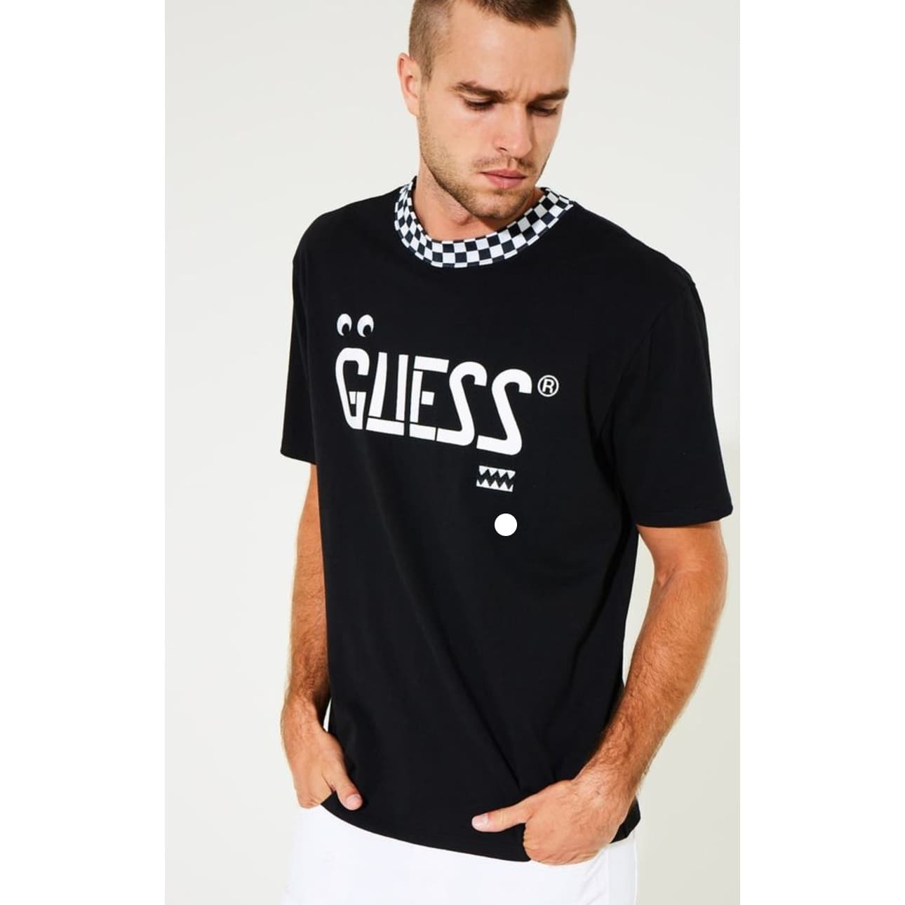 GUESS x J. BALVIN Checkered Collar Logo Tee, Small - Image 1