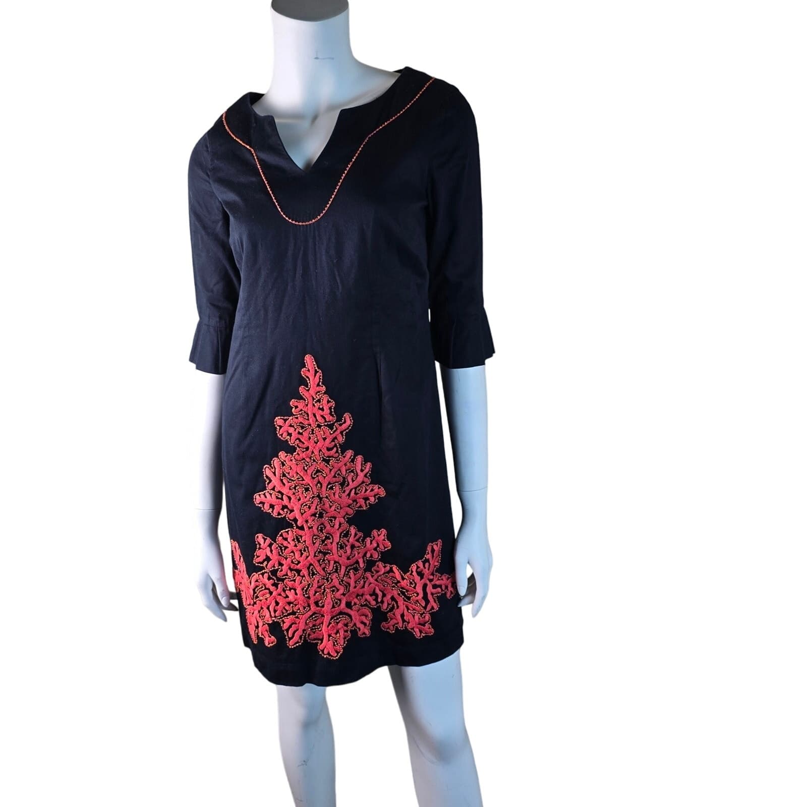 Lilly Pulitzer Black Shailene Coral Embroidered & Beaded 3/4 Sleeve Tunic Dress - Thumbnail 2