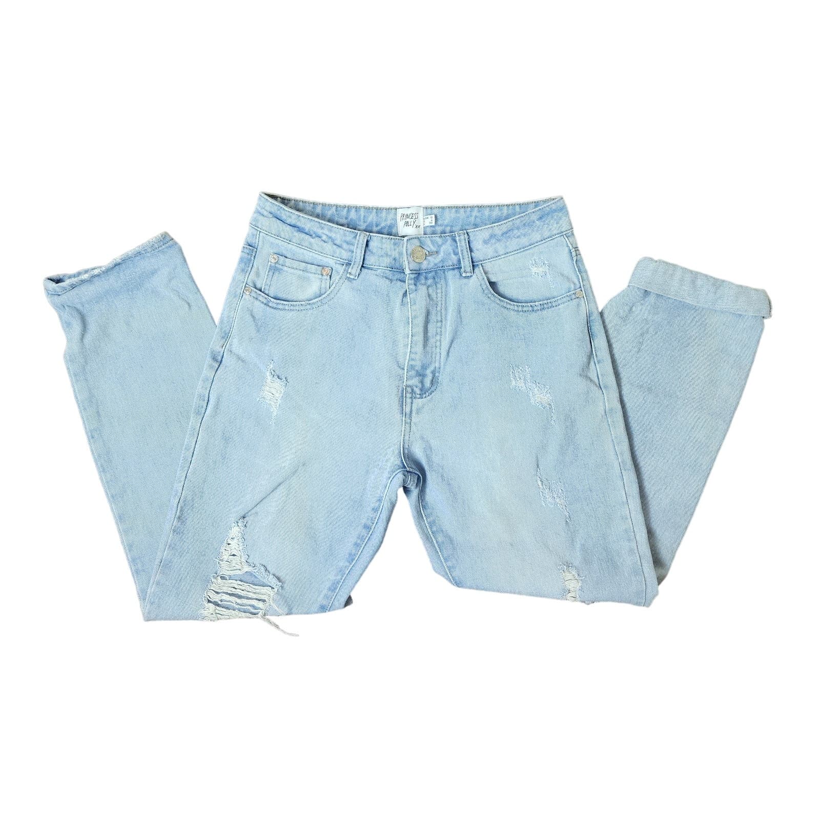 Princess Polly Light Wash Rolled Cuff Destroyed Boyfriend Cut Jeans, Size 6 - Thumbnail 2