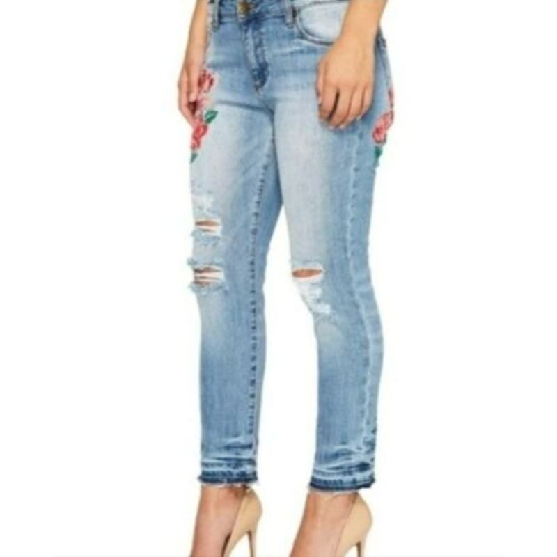 Kut From The Kloth Reese Ankle Straight Rose Embroidered Distressed Ankle Jeans - Image 1