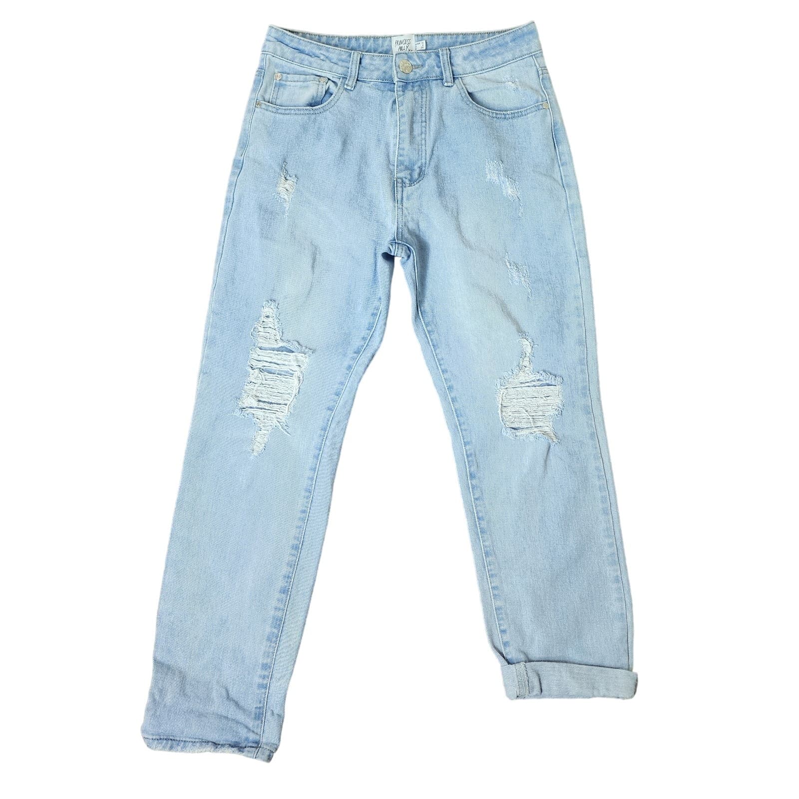 Princess Polly Light Wash Rolled Cuff Destroyed Boyfriend Cut Jeans, Size 6 - Image 1