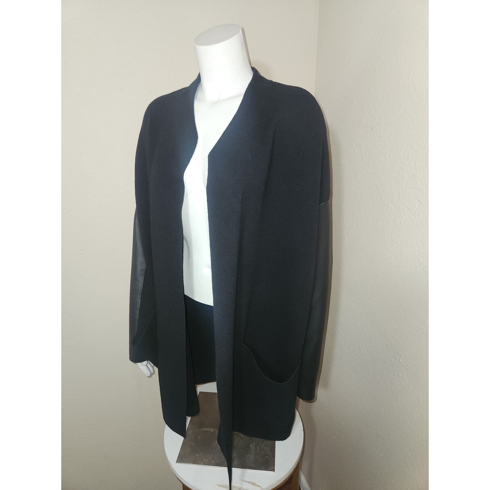 The White Company White Label Black Drapy Wool Cardigan 100% Leather Trim, 8 - Image 1