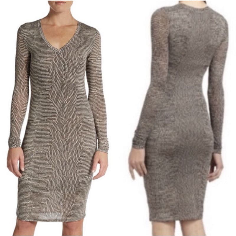 BCBGMAXAZRIA NWT Long Sleeve Knee Length Tori Dress in Light Pearl Combo, Small - Thumbnail 2