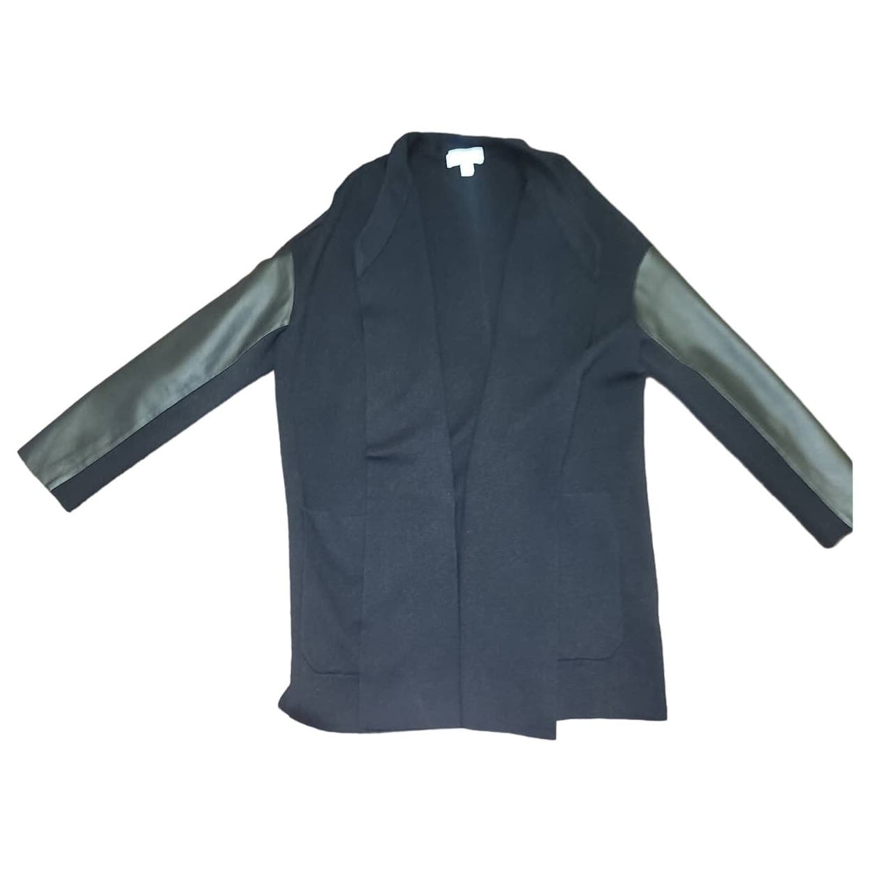 The White Company White Label Black Drapy Wool Cardigan 100% Leather Trim, 8 - Thumbnail 7