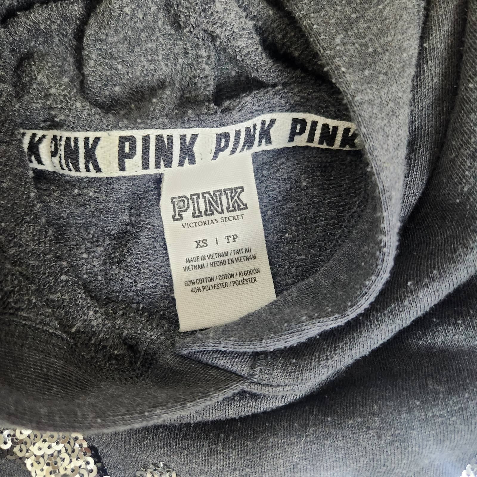 VS PINK Heather Gray Pullover Hoodie Hooded Sweatshirt Bling Script Logo XS - Thumbnail 5