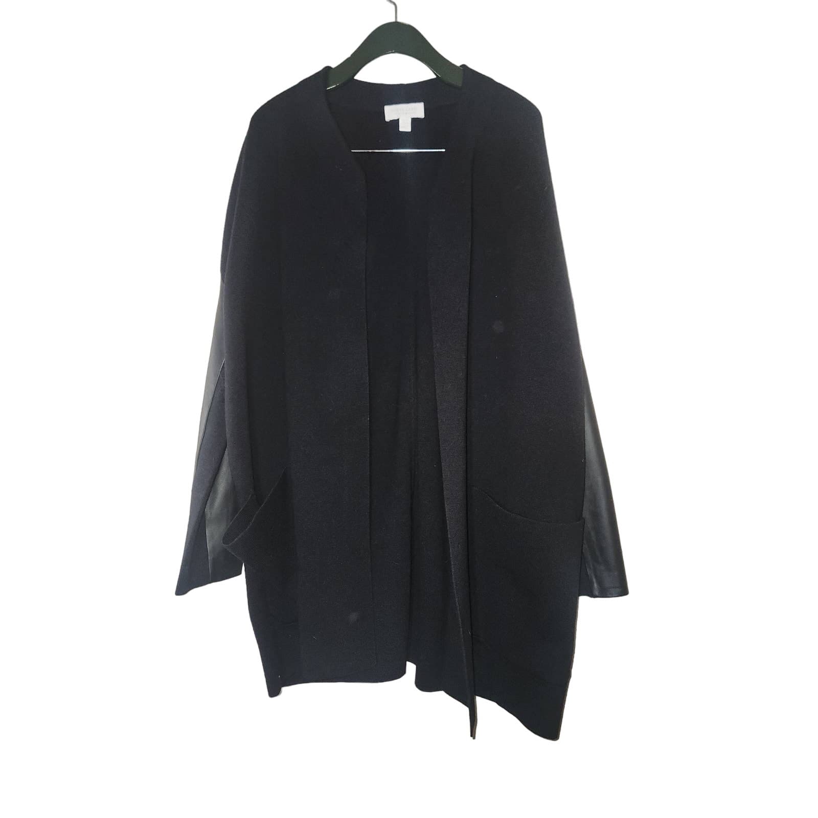 The White Company White Label Black Drapy Wool Cardigan 100% Leather Trim, 8 - Thumbnail 3