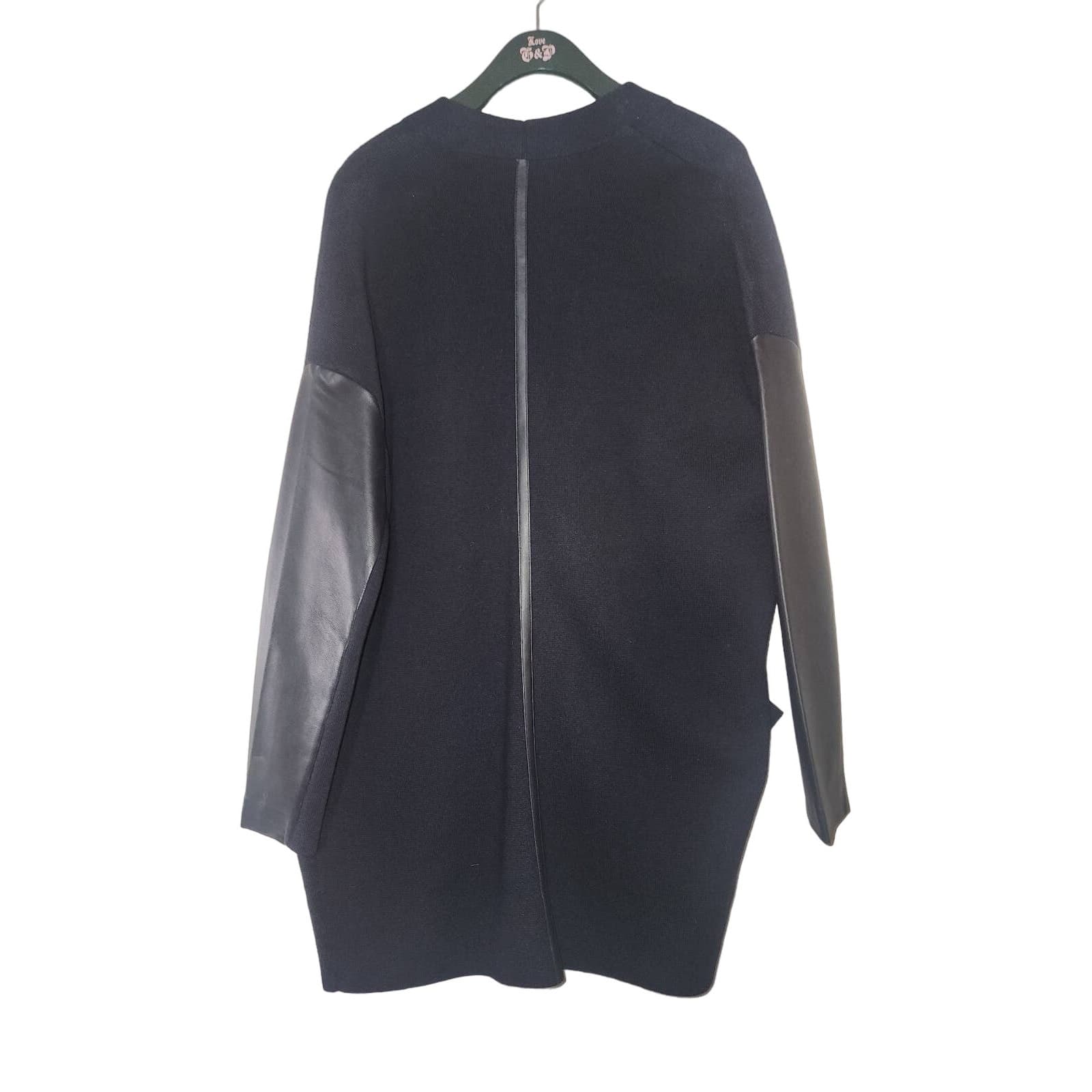 The White Company White Label Black Drapy Wool Cardigan 100% Leather Trim, 8 - Thumbnail 6