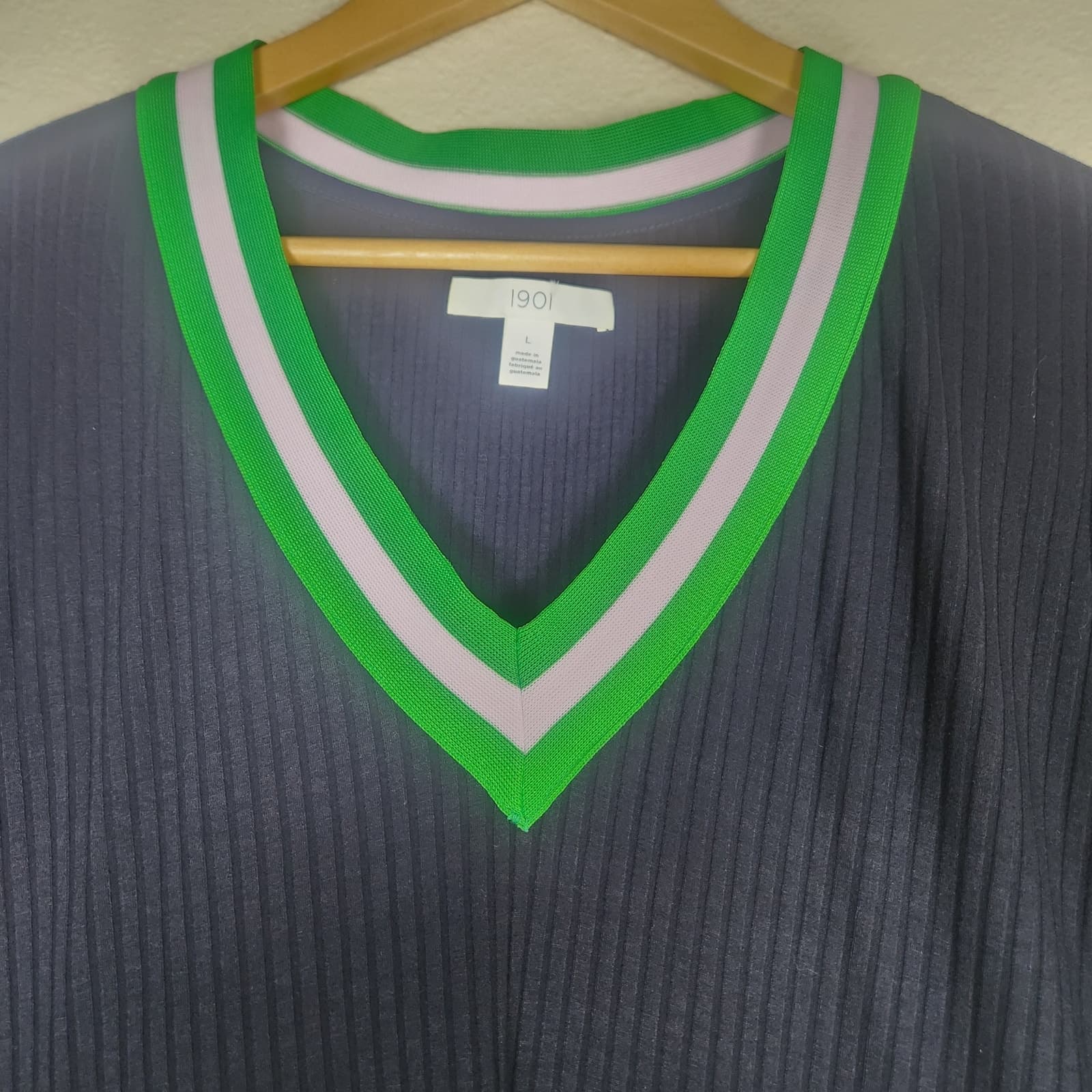 NWT 1901 Striped Trim Navy Blue Long Sleeve Knee Length Sweater Dress, Large - Thumbnail 3