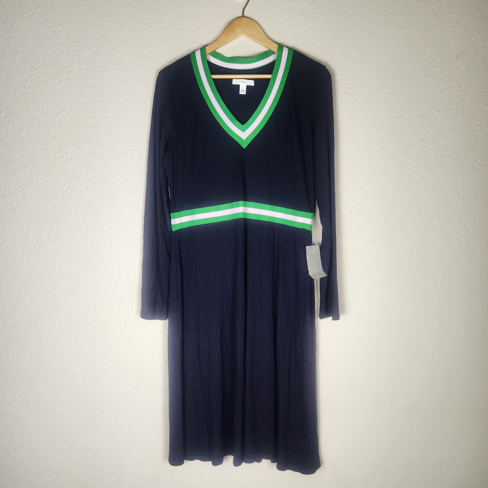 NWT 1901 Striped Trim Navy Blue Long Sleeve Knee Length Sweater Dress, Large - Image 1