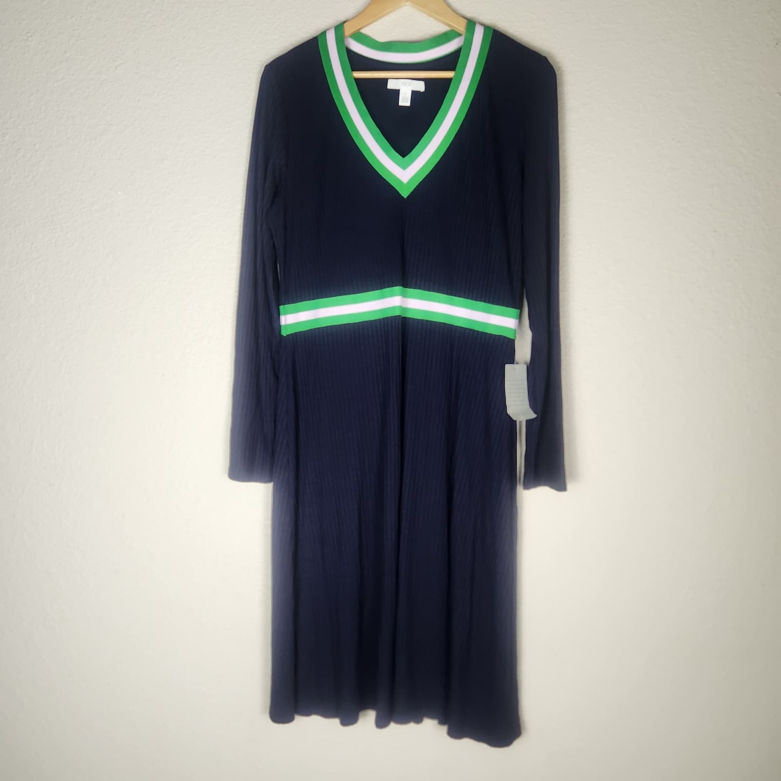 NWT 1901 Striped Trim Navy Blue Long Sleeve Knee Length Sweater Dress, Large - Thumbnail 2