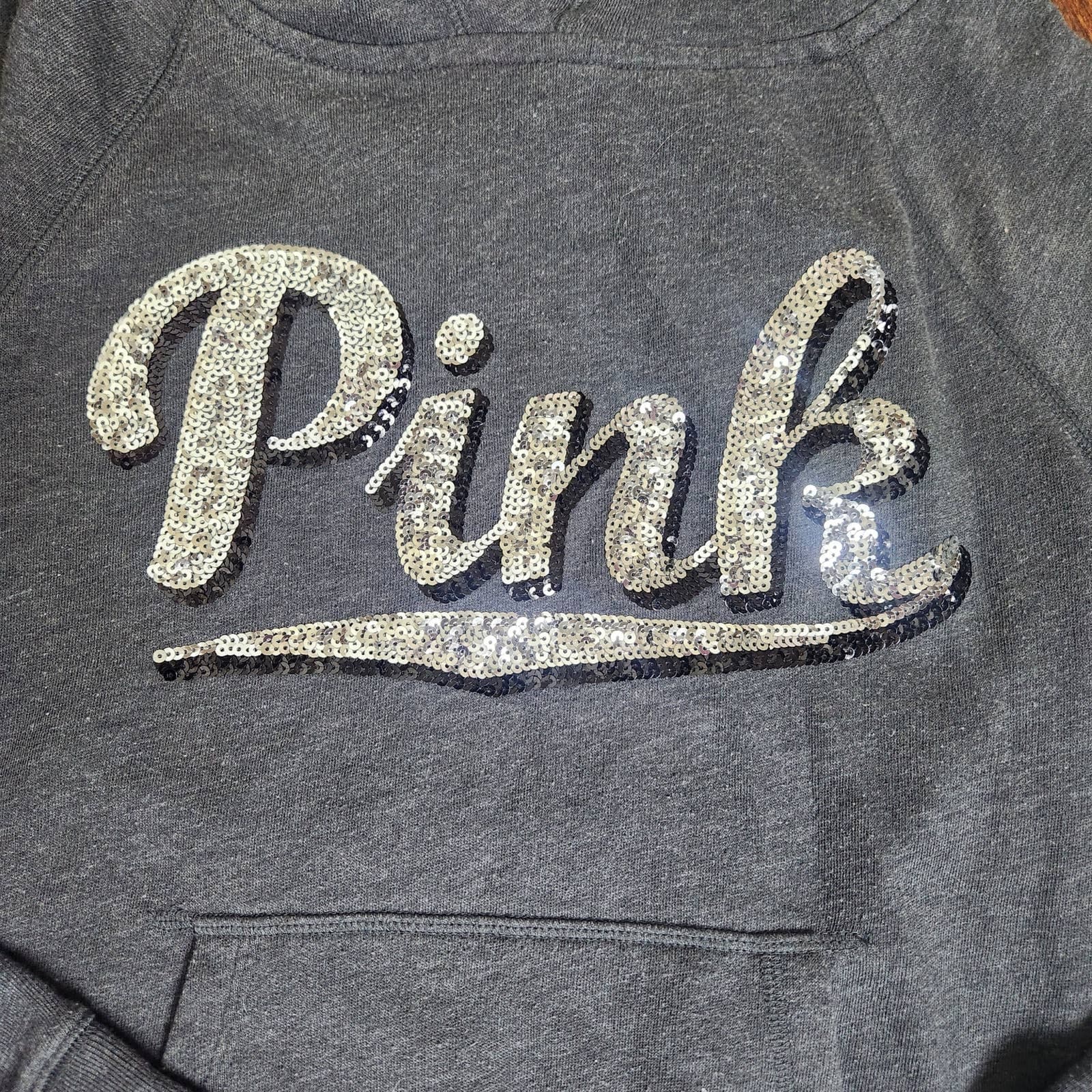 VS PINK Heather Gray Pullover Hoodie Hooded Sweatshirt Bling Script Logo XS - Thumbnail 2