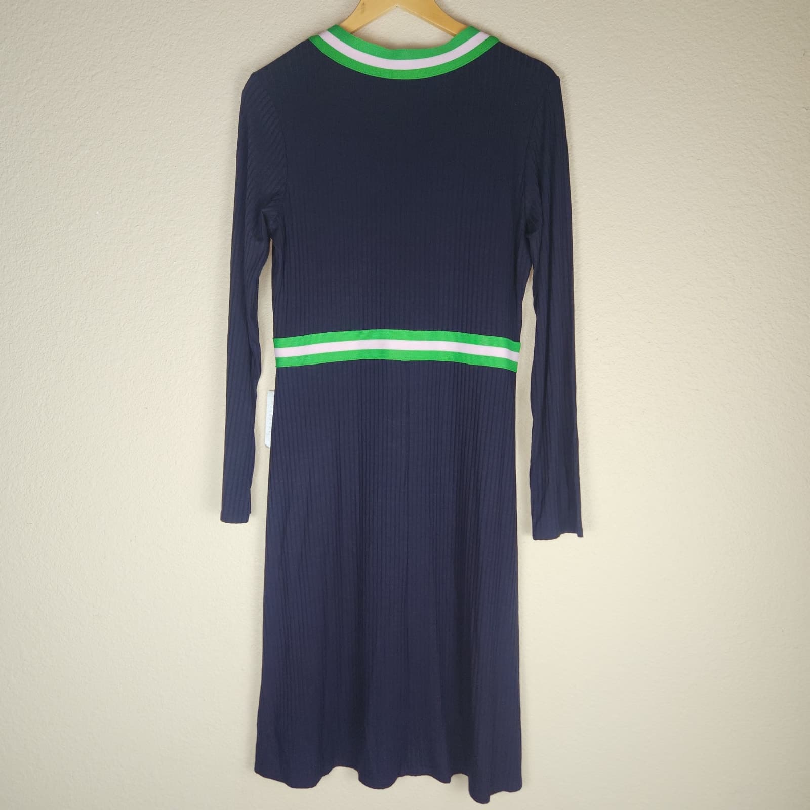 NWT 1901 Striped Trim Navy Blue Long Sleeve Knee Length Sweater Dress, Large - Thumbnail 5