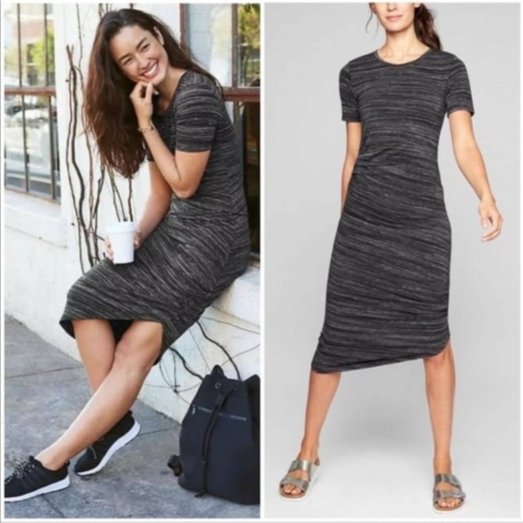 Athleta Downtown Dress, Asymmetrical Hem Ruched Sides, T-Shirt Dress, Small - Image 1