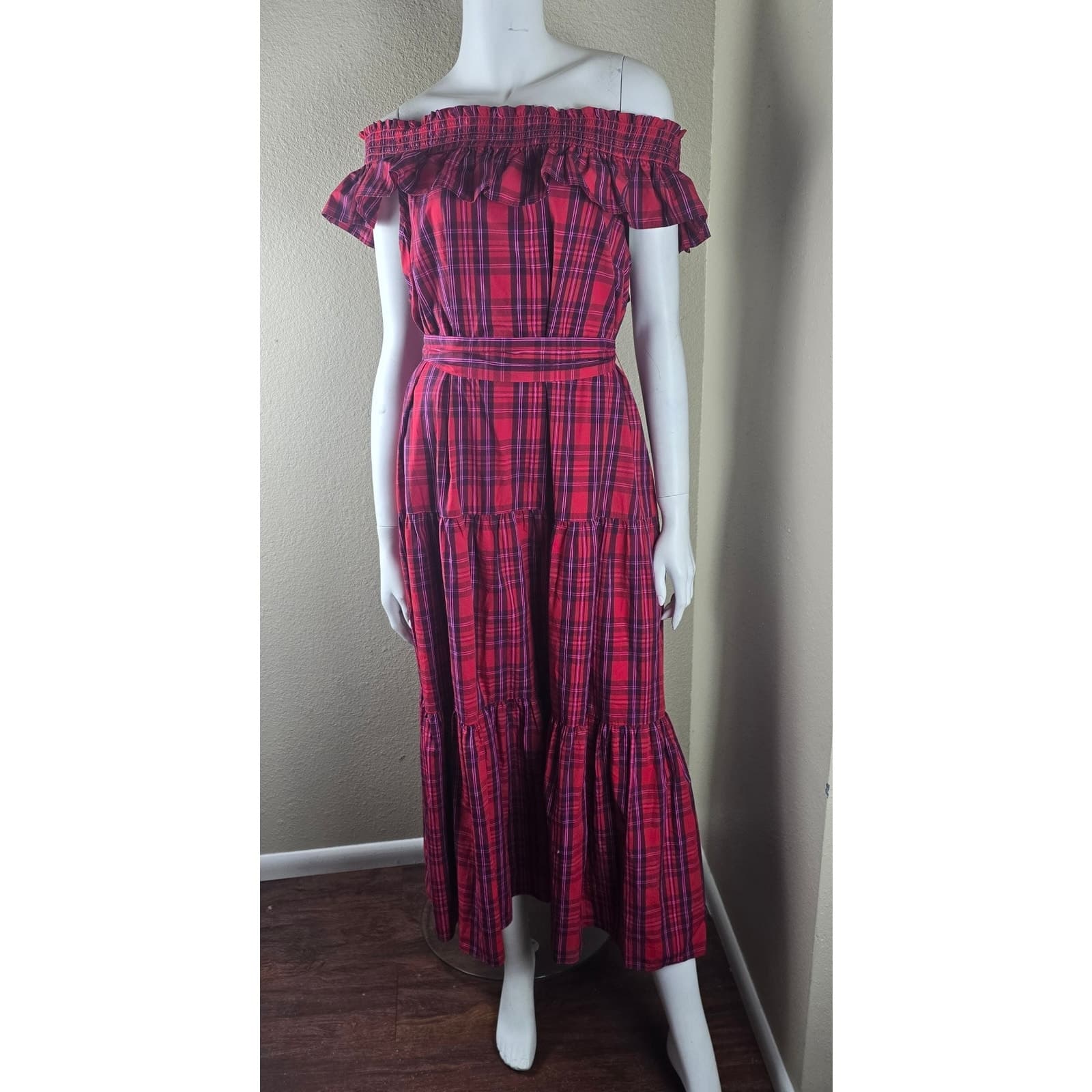 Draper James Kimberly Off-Shoulder Tie-Waist Smocked Neck Dress in Angie Plaid - Image 1