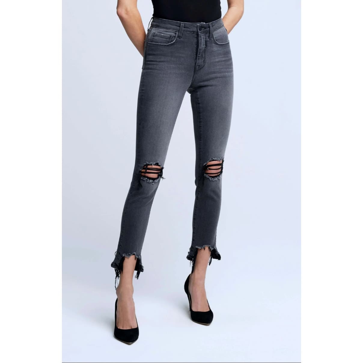 L'AGENCE Highline High Rise Distressed Jeans in Vintage Grey Destruct, Size 29 - Image 1