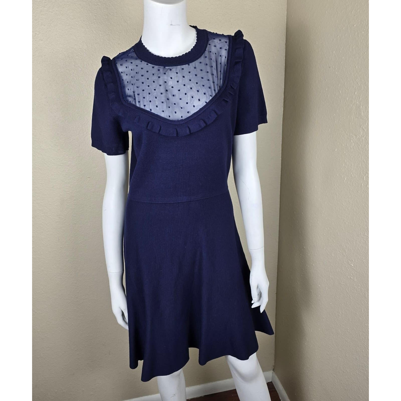 Draper James NWOT Sheer Yoke A-Line Sweater Dress Nassau Navy, Medium - Thumbnail 4