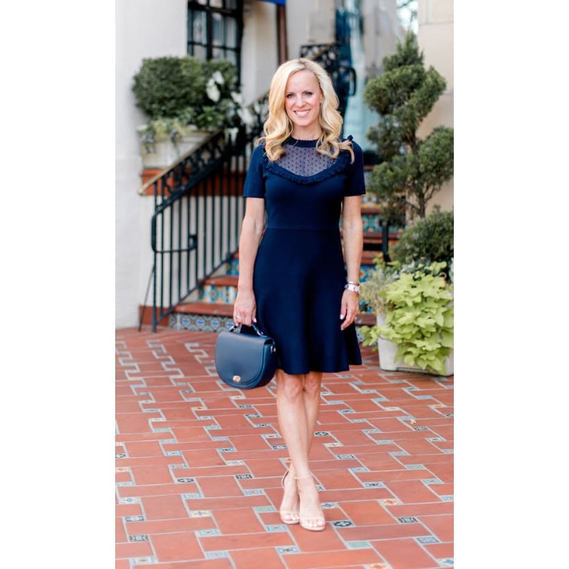 Draper James NWOT Sheer Yoke A-Line Sweater Dress Nassau Navy, Medium - Thumbnail 2