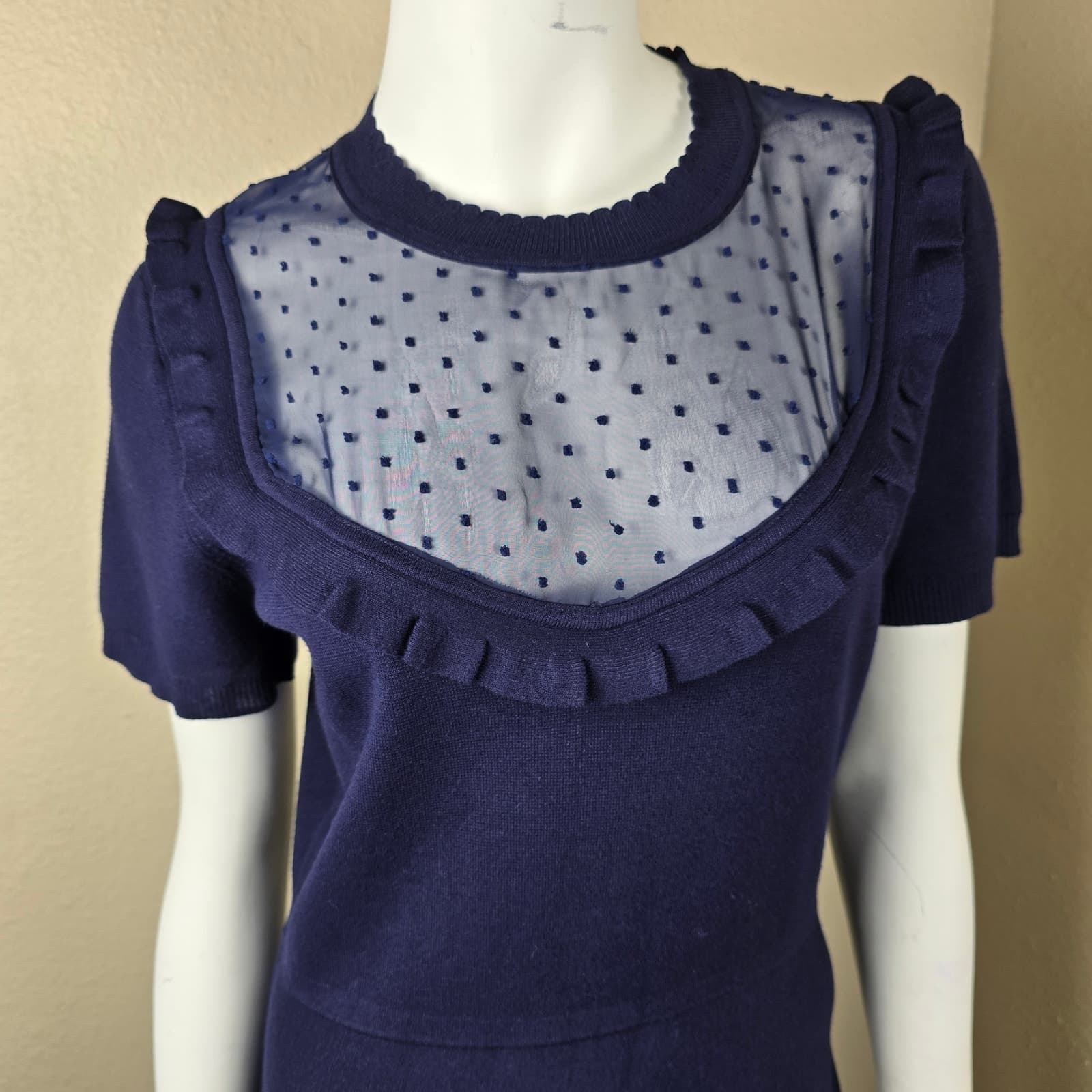 Draper James NWOT Sheer Yoke A-Line Sweater Dress Nassau Navy, Medium - Thumbnail 7