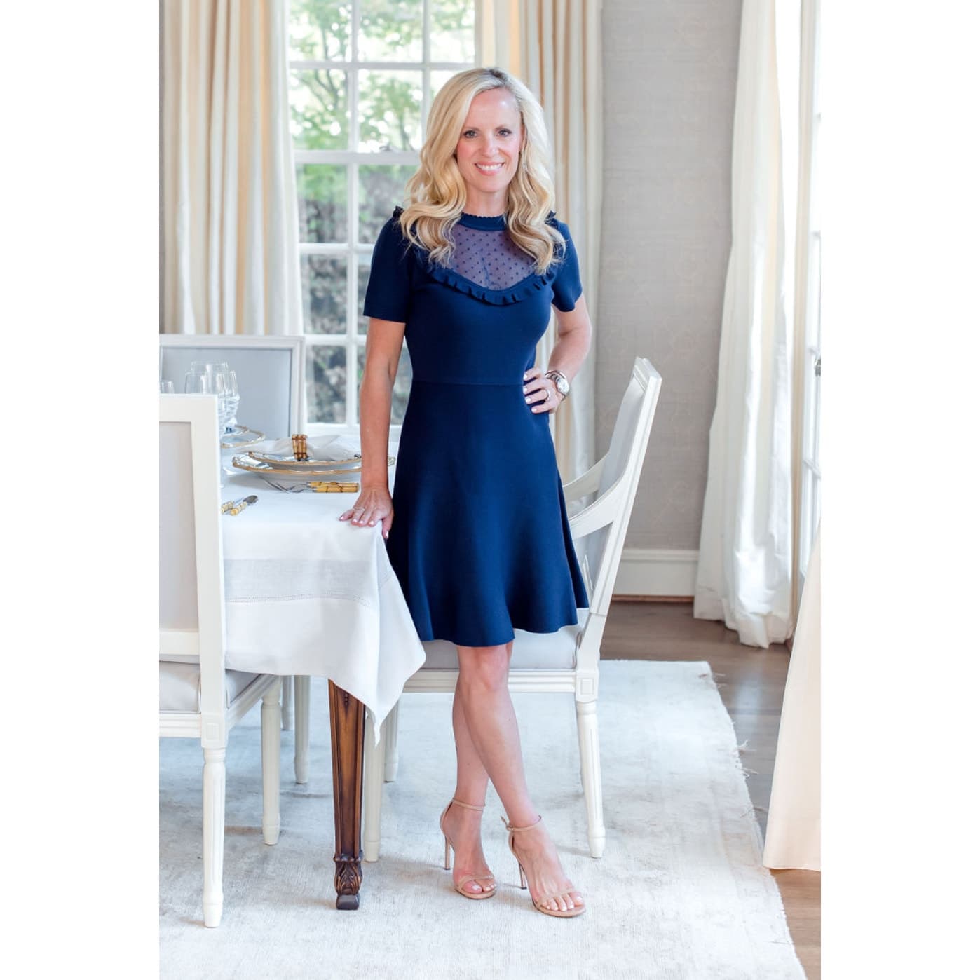 Draper James NWOT Sheer Yoke A-Line Sweater Dress Nassau Navy, Medium - Image 1