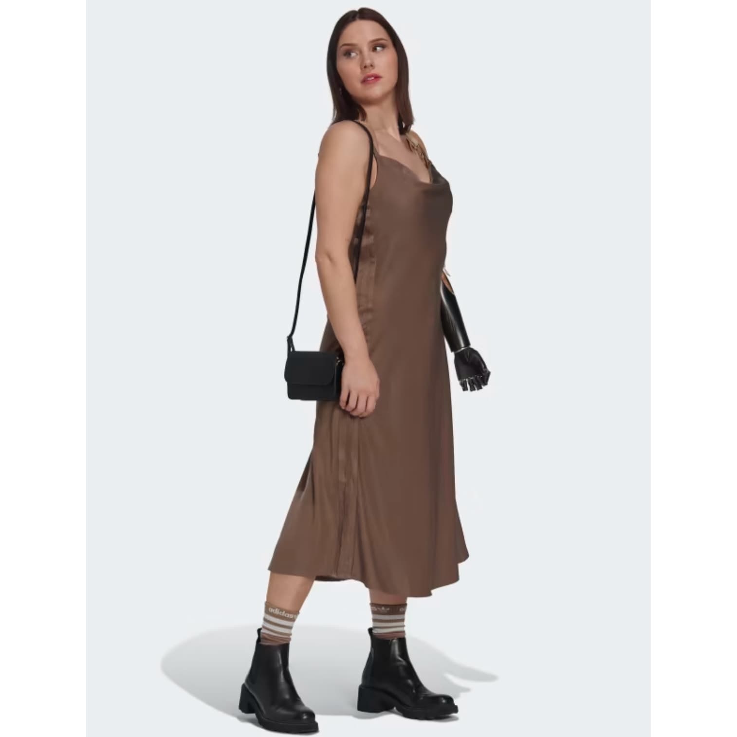 Adidas Brown Slip-On Midi Length Sleeveless Satin Dress with Cowl Neck, XS - Thumbnail 2
