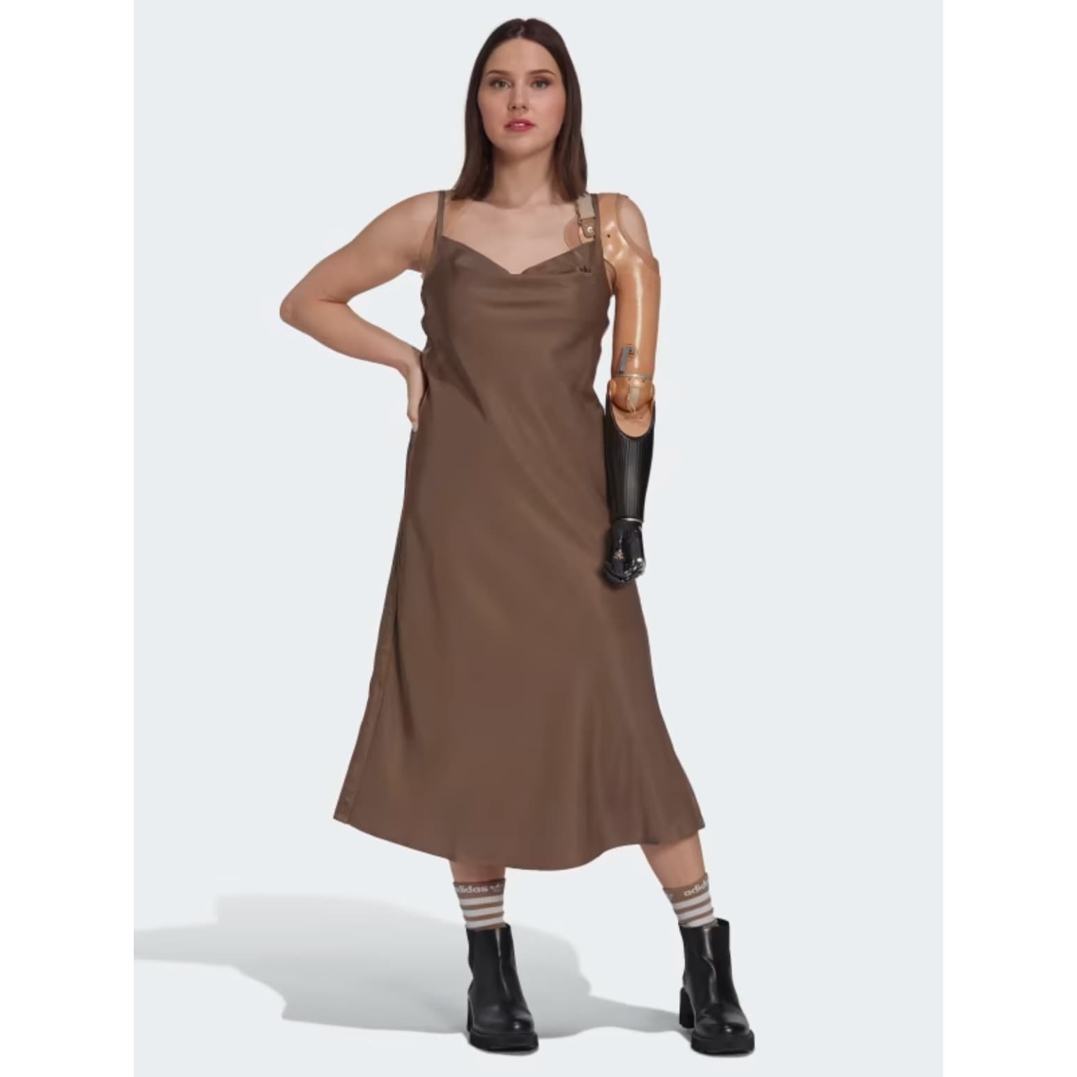 Adidas Brown Slip-On Midi Length Sleeveless Satin Dress with Cowl Neck, XS - Thumbnail 3