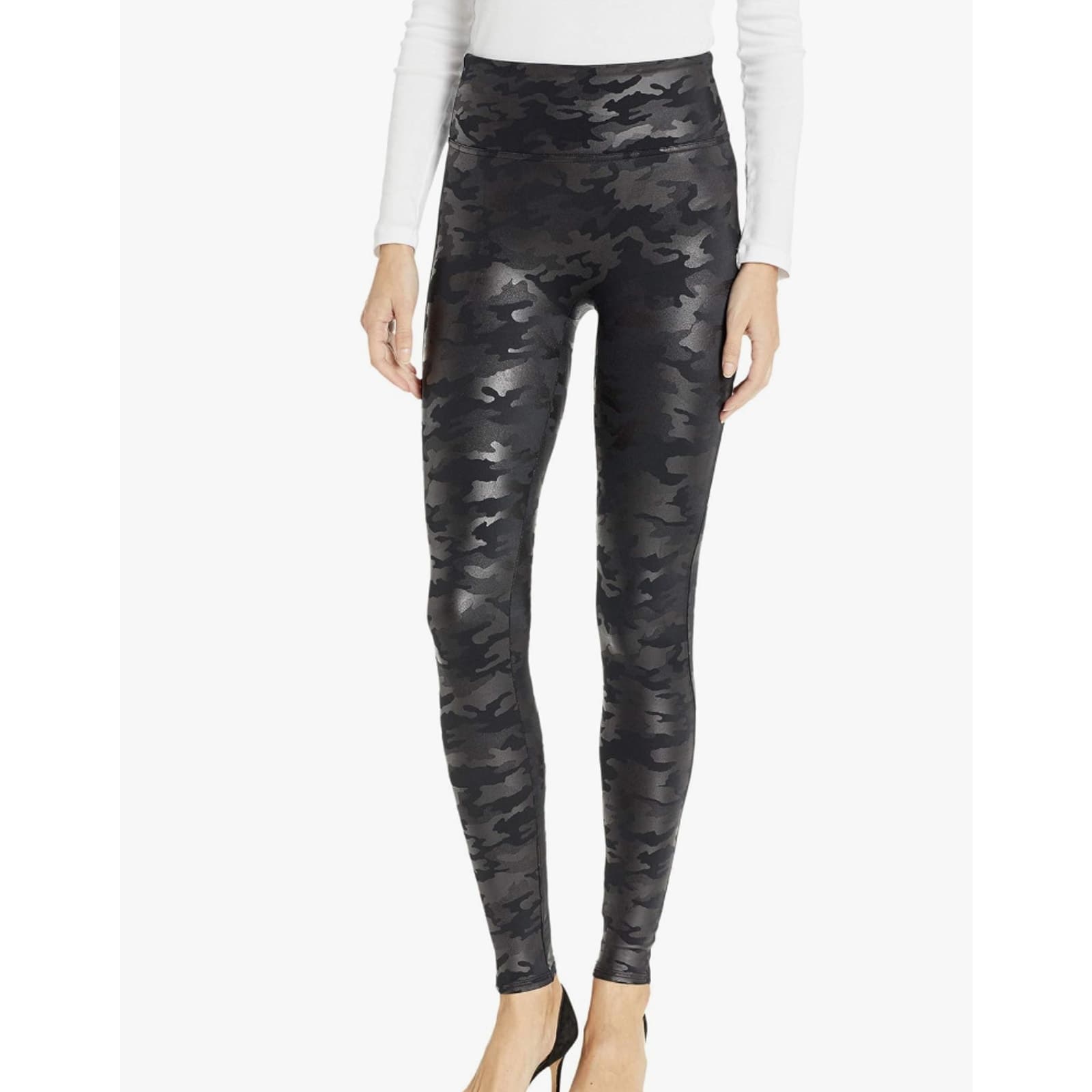 SPANX Faux Leather Black Camo Print High Rise Compression Leggings, Small - Thumbnail 2