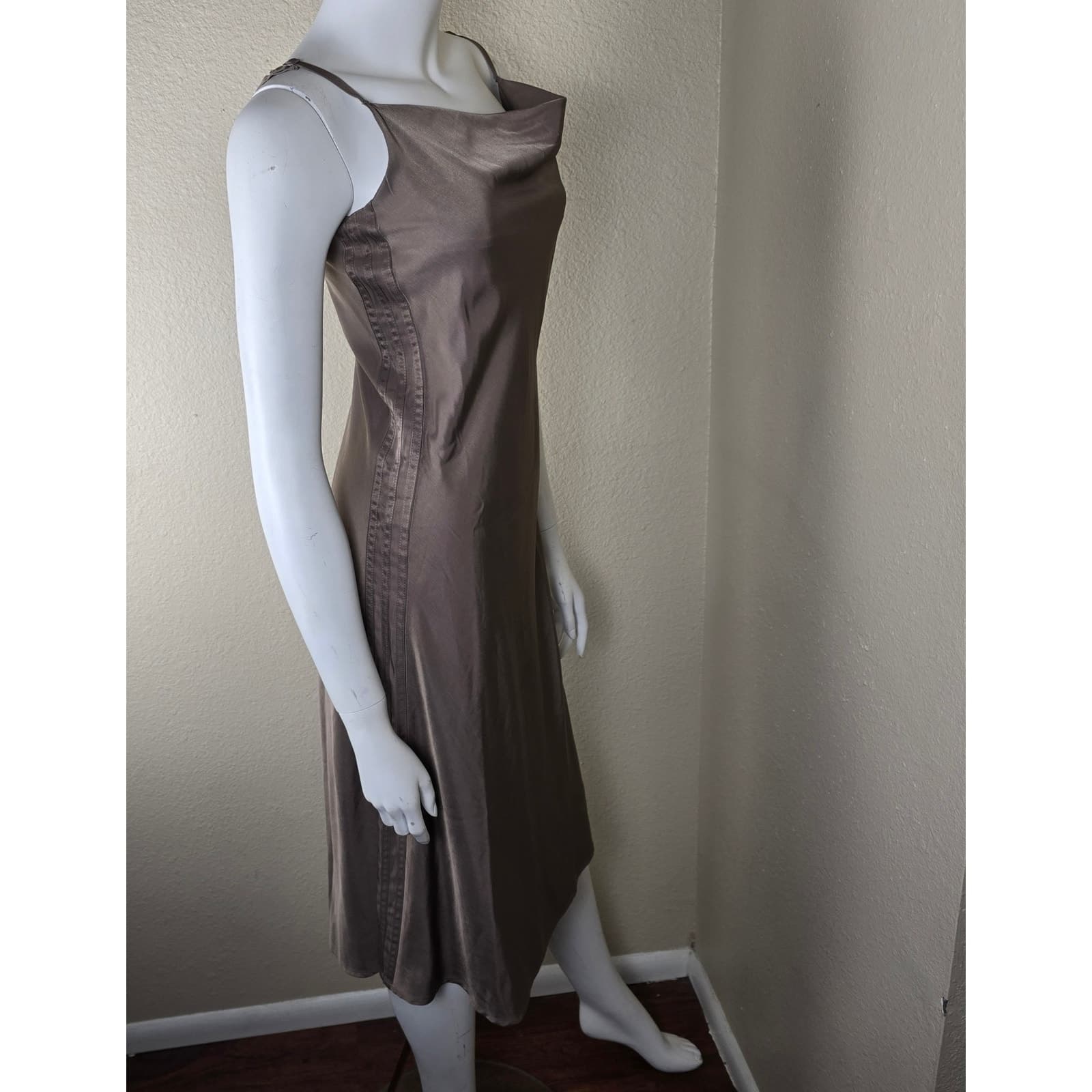 Adidas Brown Slip-On Midi Length Sleeveless Satin Dress with Cowl Neck, XS - Thumbnail 8