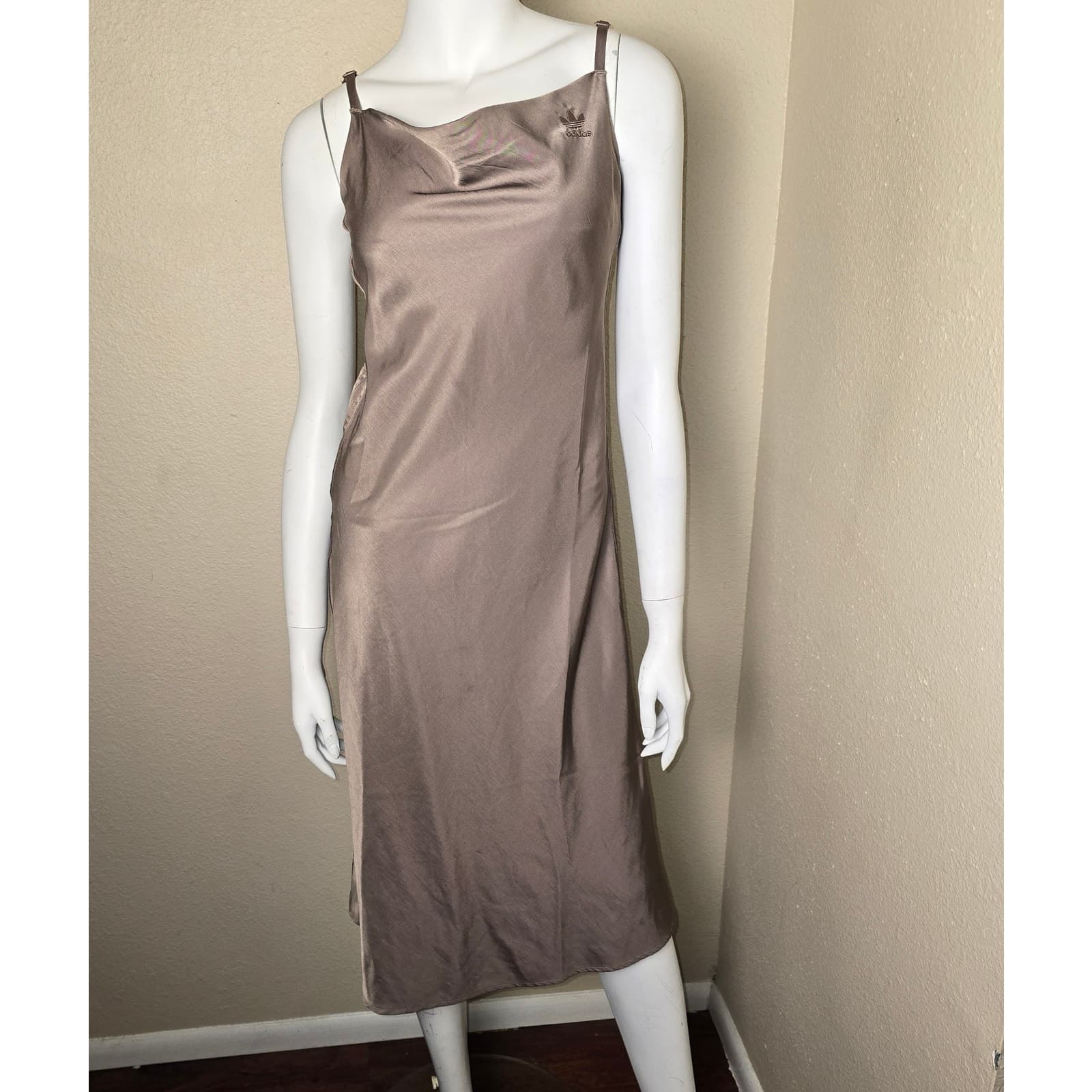 Adidas Brown Slip-On Midi Length Sleeveless Satin Dress with Cowl Neck, XS - Thumbnail 4
