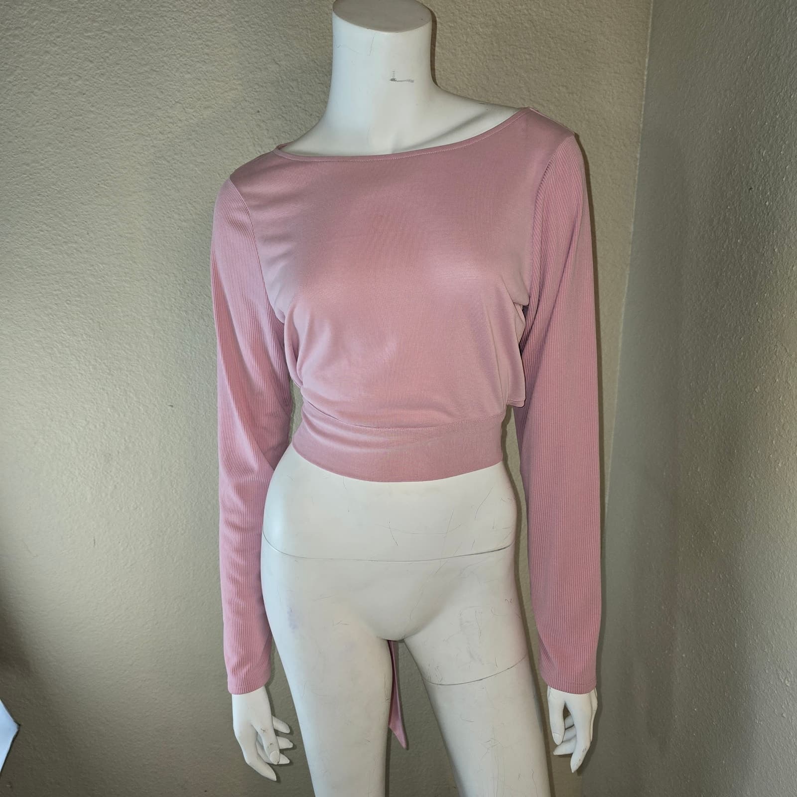 Victoria's Secret Long Sleeve Pink Crop Top with Back Tie - Large - Thumbnail 3