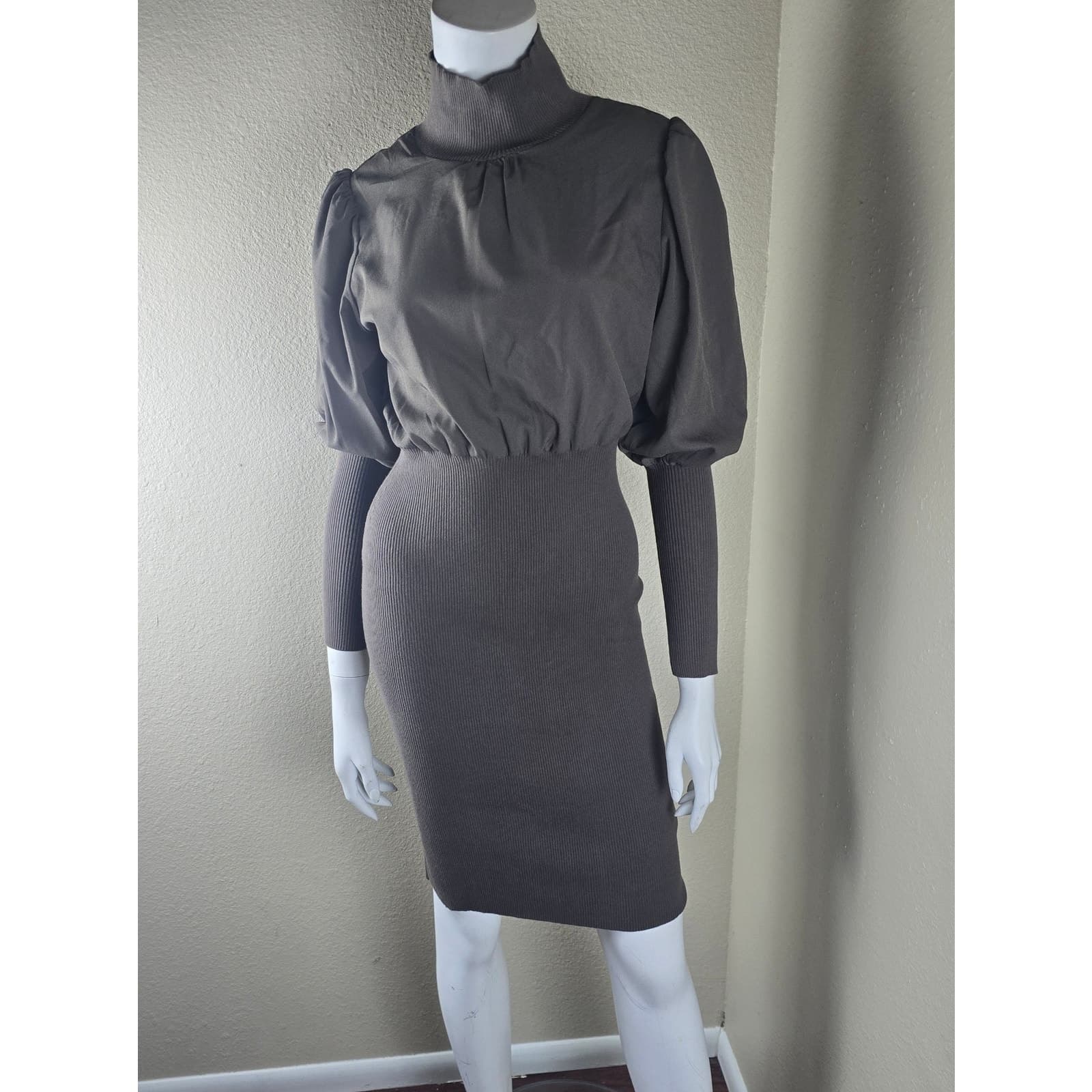 Krista Knits Mini Dress Turtleneck Balloon Sleeve - Deep Moss - Size XS - 71RNS - Thumbnail 7