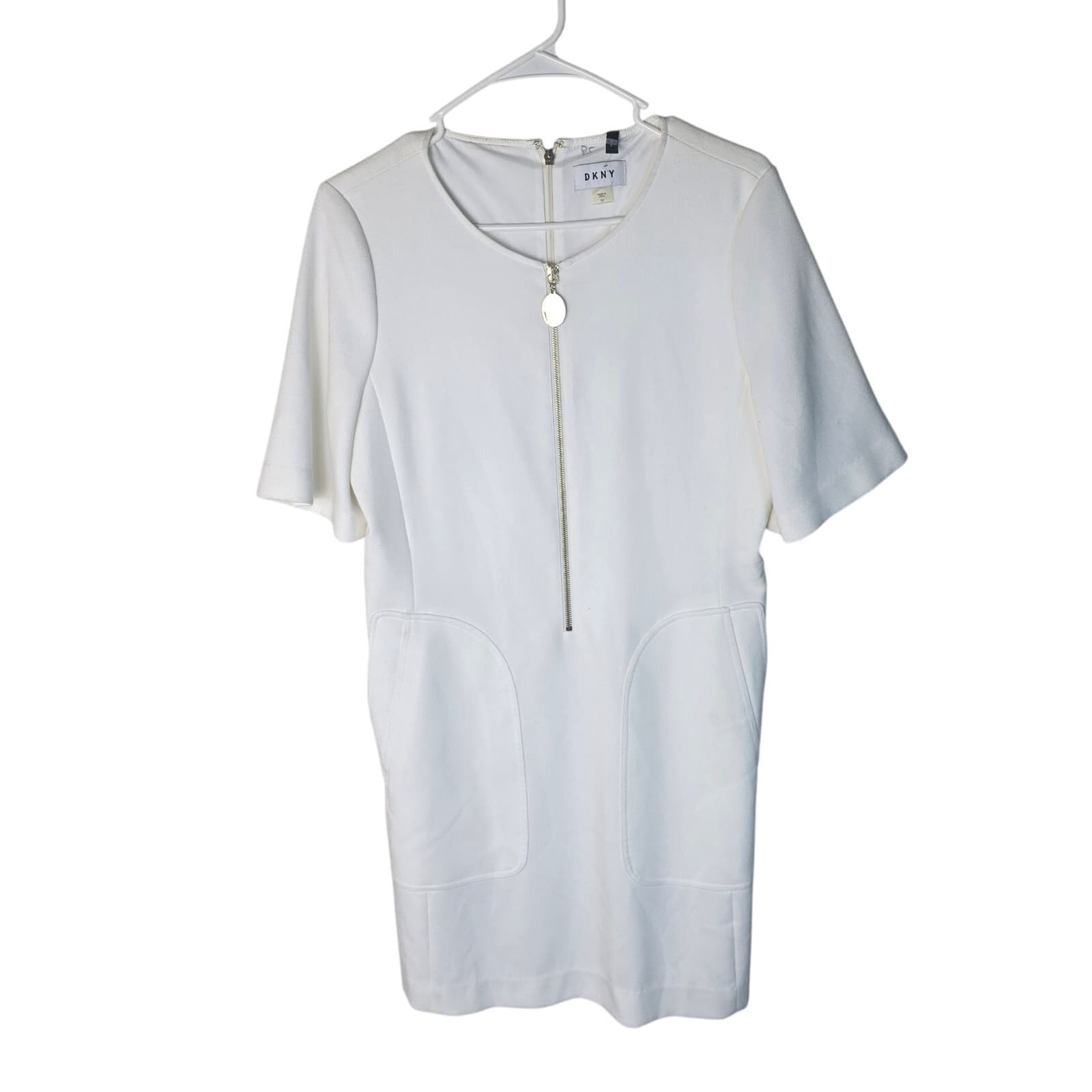 DKNY White Front Half Zip Elbow Length Short Sleeve Knee Length Dress NWT - 10 - Image 1