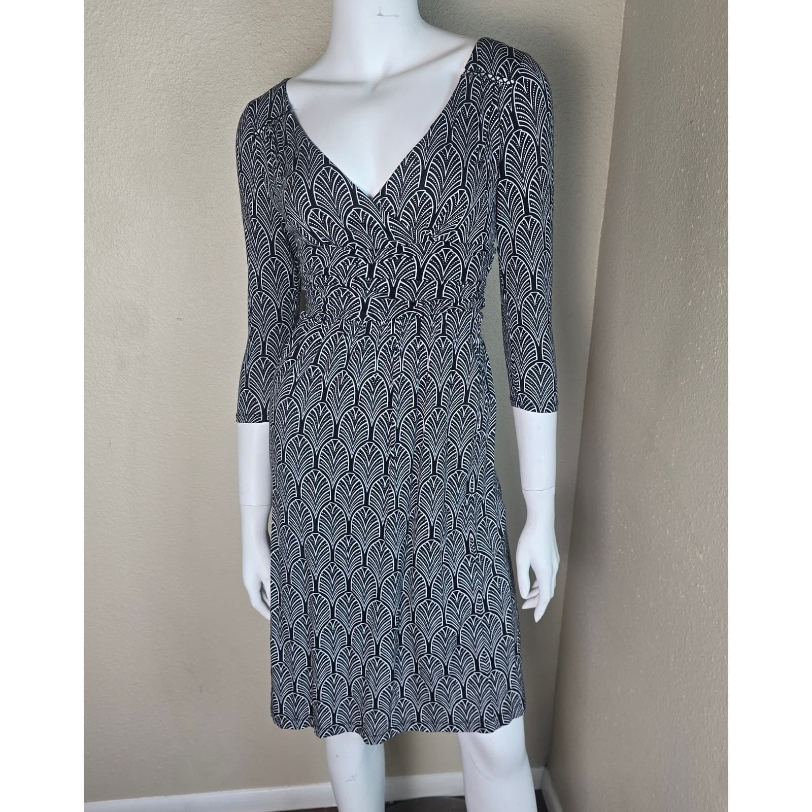 MAEVE Anthropologie Galena Black & White 3/4 Sleeve Wrap Top Midi Dress X-Small - Thumbnail 8