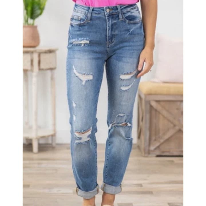 Judy Blue Relaxed Fit Distressed High-Rise Jeans - Style # JB88303 LT - Size 31 - Thumbnail 2