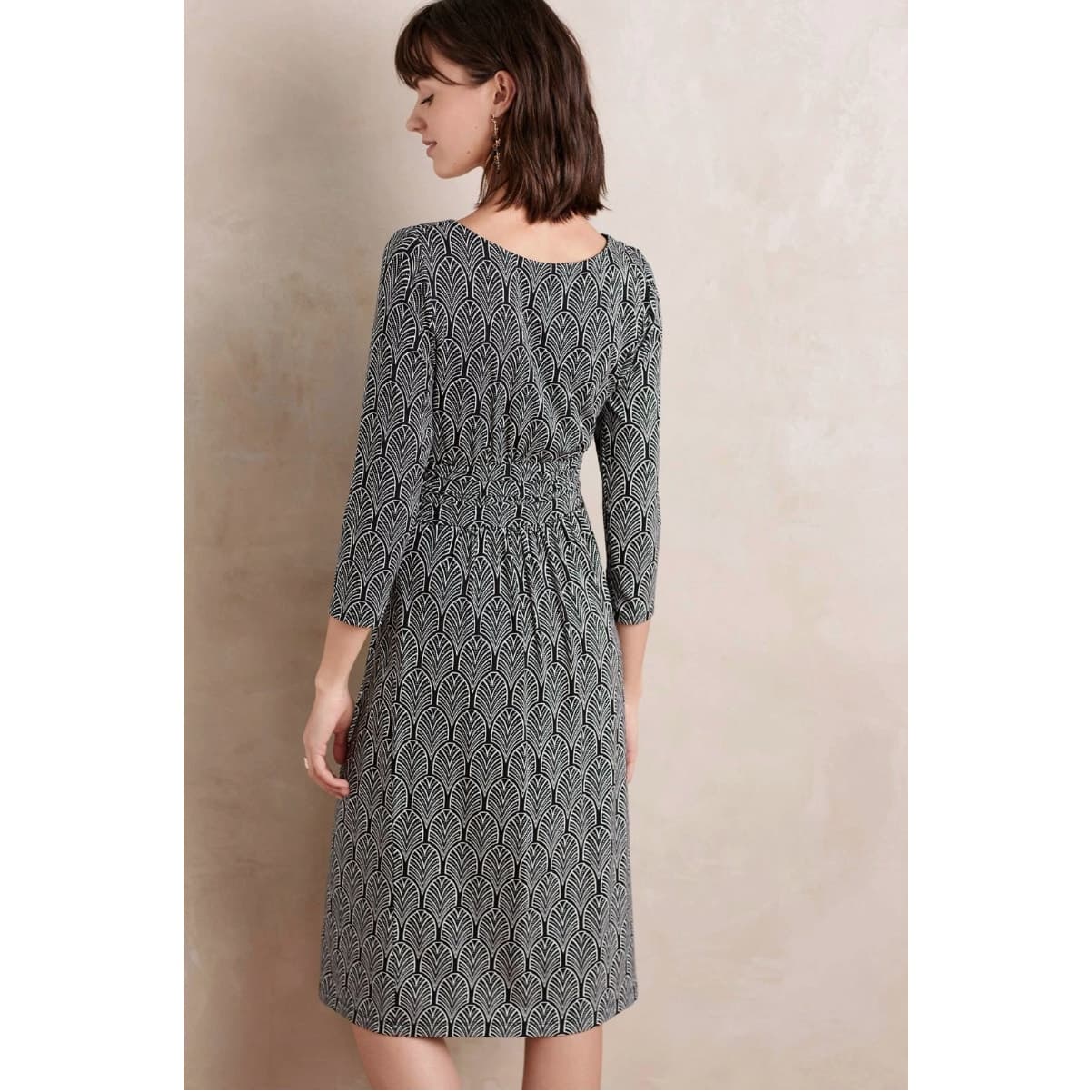 MAEVE Anthropologie Galena Black & White 3/4 Sleeve Wrap Top Midi Dress X-Small - Thumbnail 4