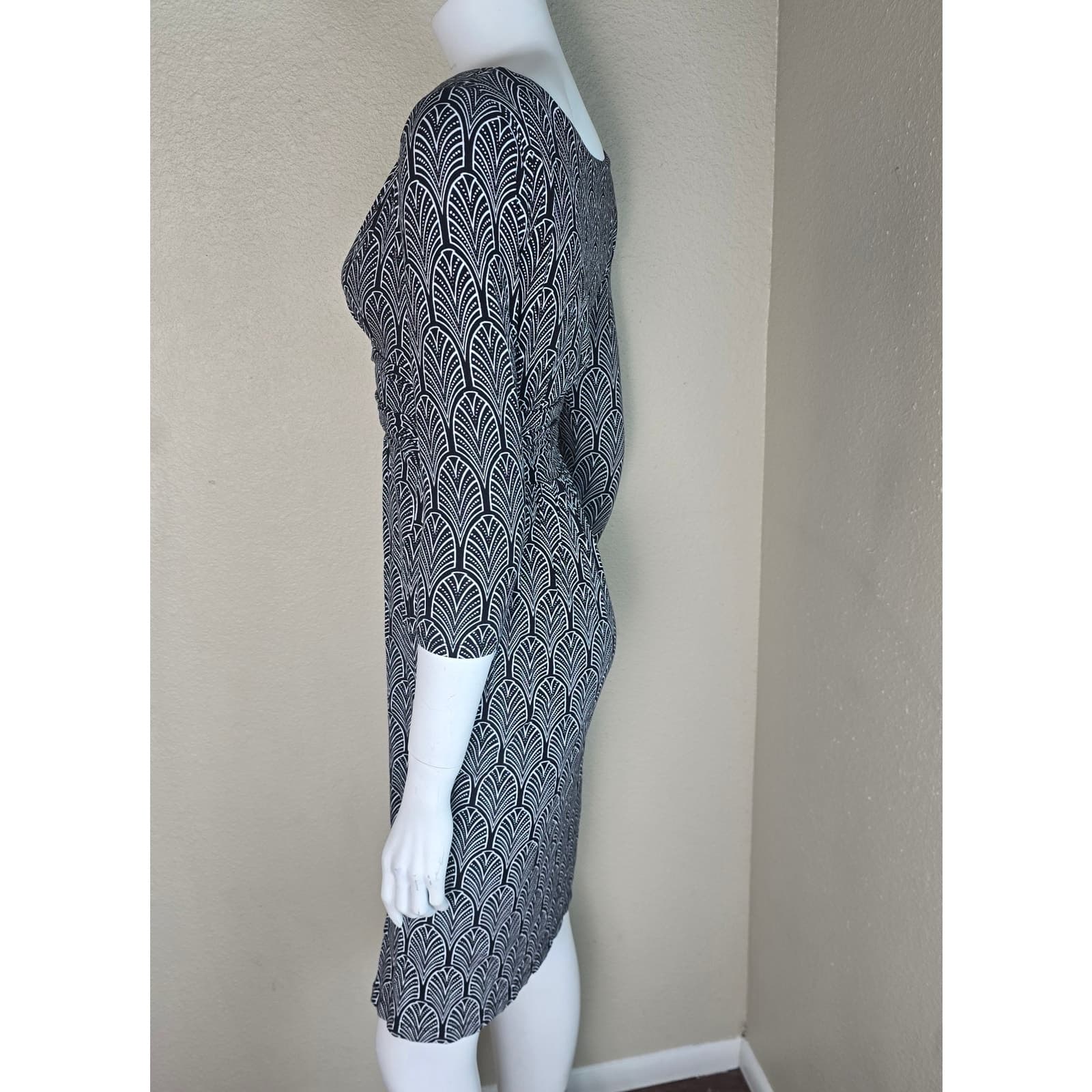 MAEVE Anthropologie Galena Black & White 3/4 Sleeve Wrap Top Midi Dress X-Small - Thumbnail 9