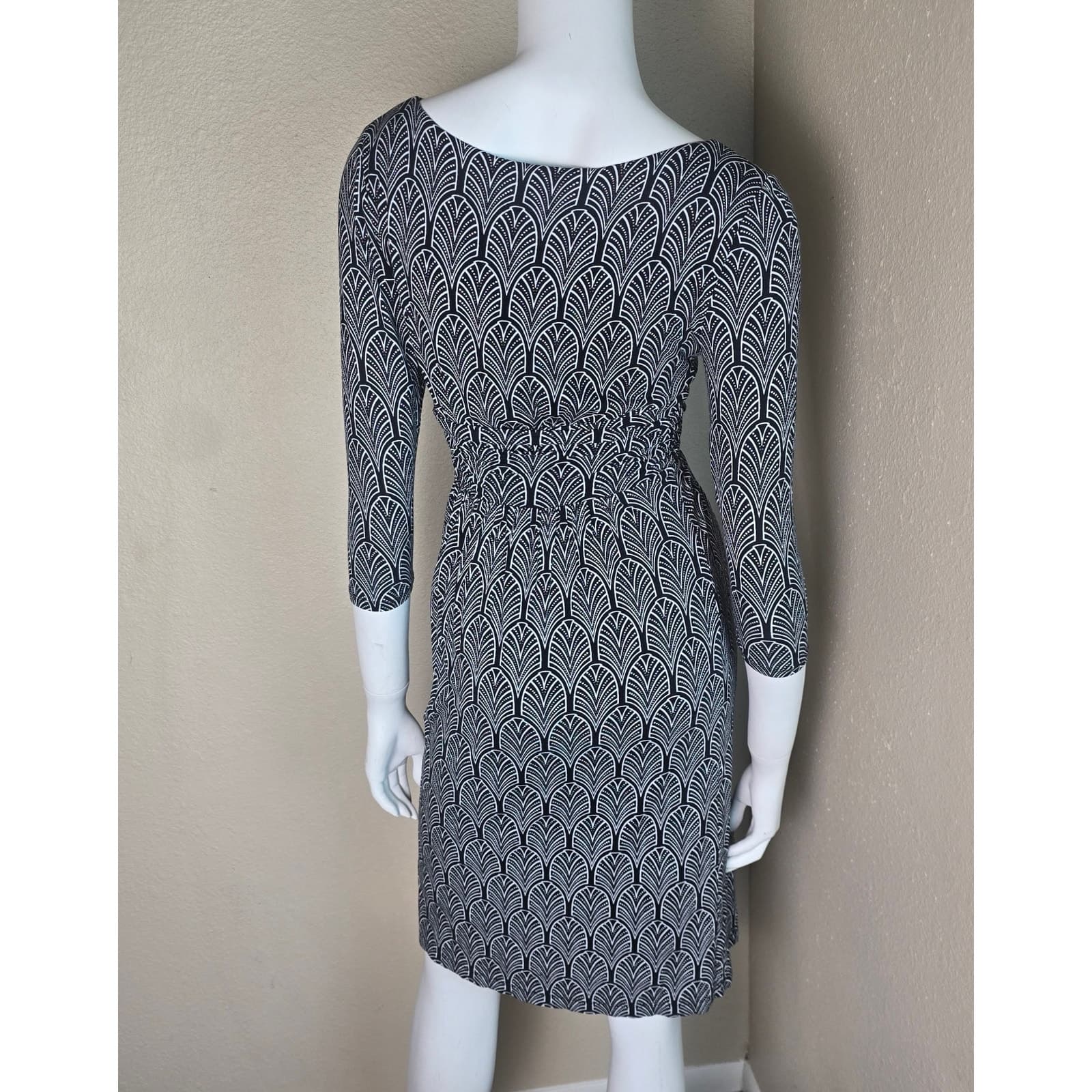 MAEVE Anthropologie Galena Black & White 3/4 Sleeve Wrap Top Midi Dress X-Small - Thumbnail 10
