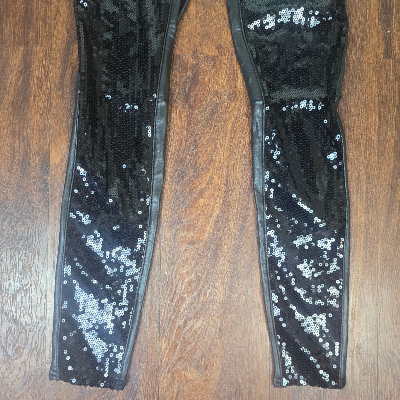 SPANX Sequined Faux Leather Leggings - Black - Small - Thumbnail 7