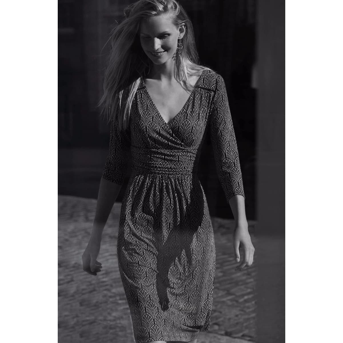 MAEVE Anthropologie Galena Black & White 3/4 Sleeve Wrap Top Midi Dress X-Small - Thumbnail 5