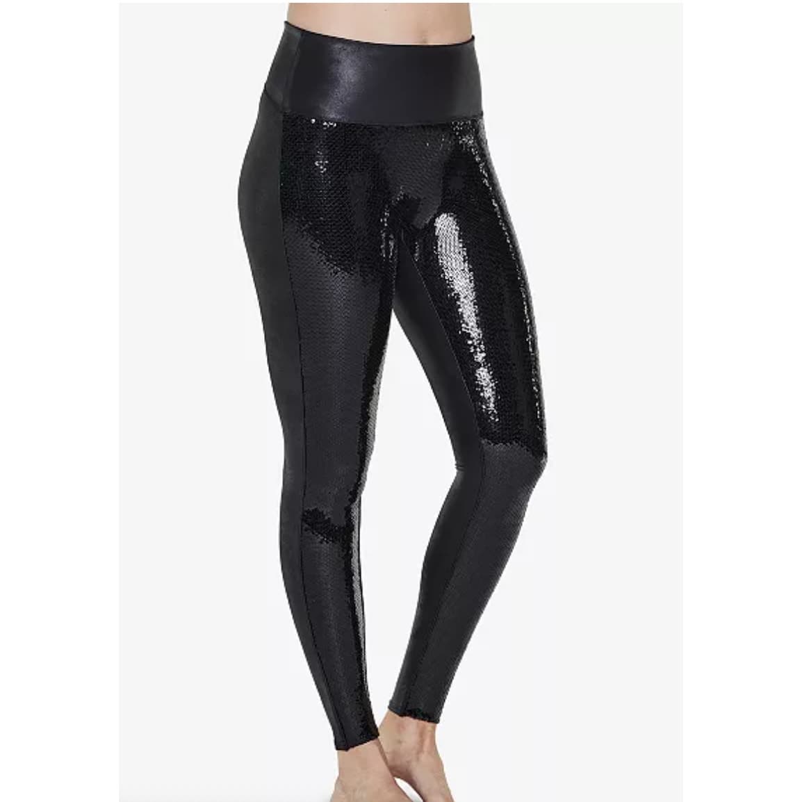 SPANX Sequined Faux Leather Leggings - Black - Small - Thumbnail 3